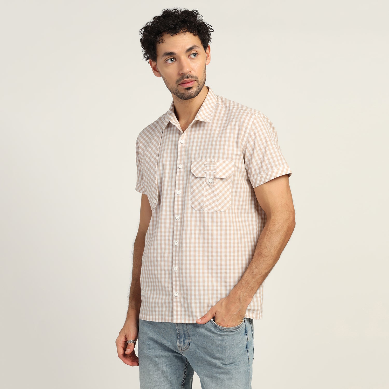 Beige Check Patch Shirt