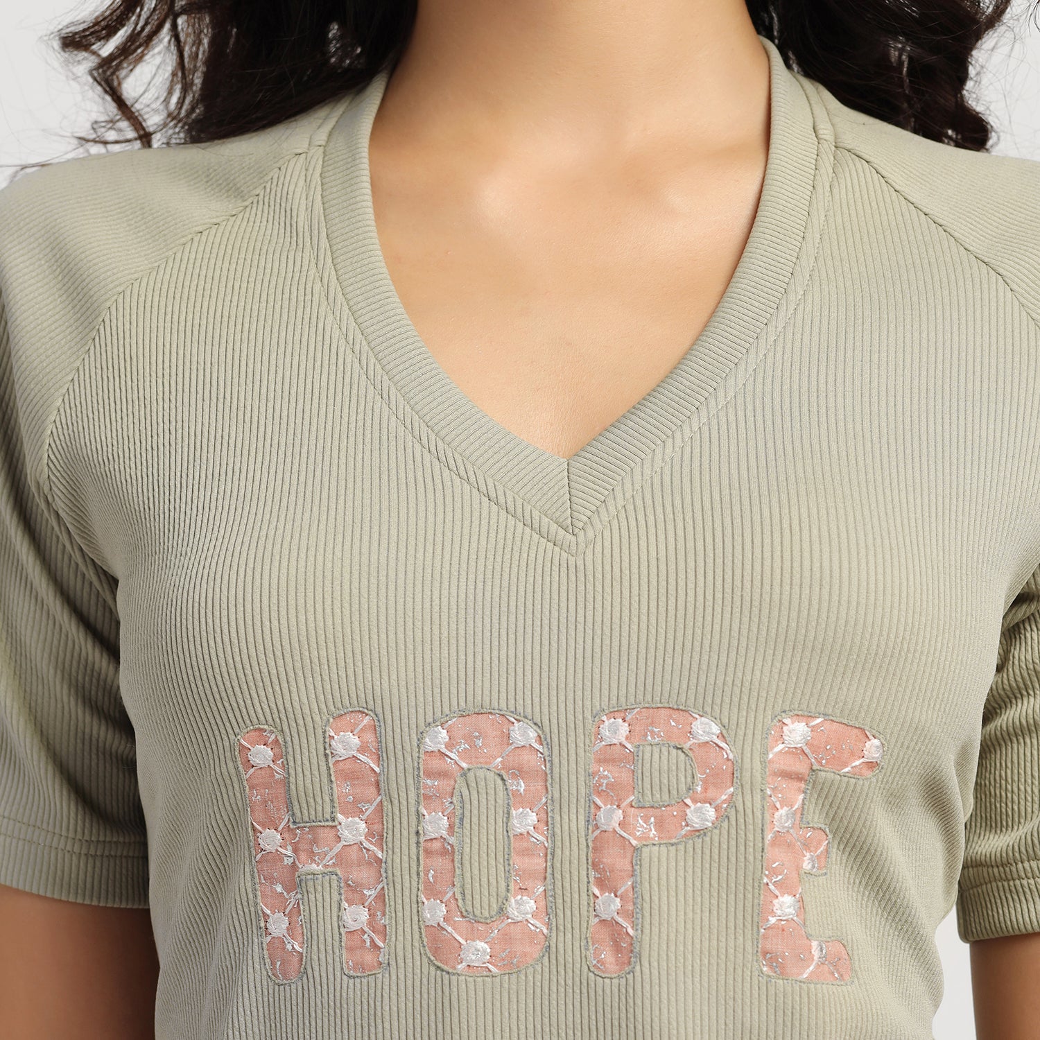 Green Embroidered Hope Ribbed T- Shirt