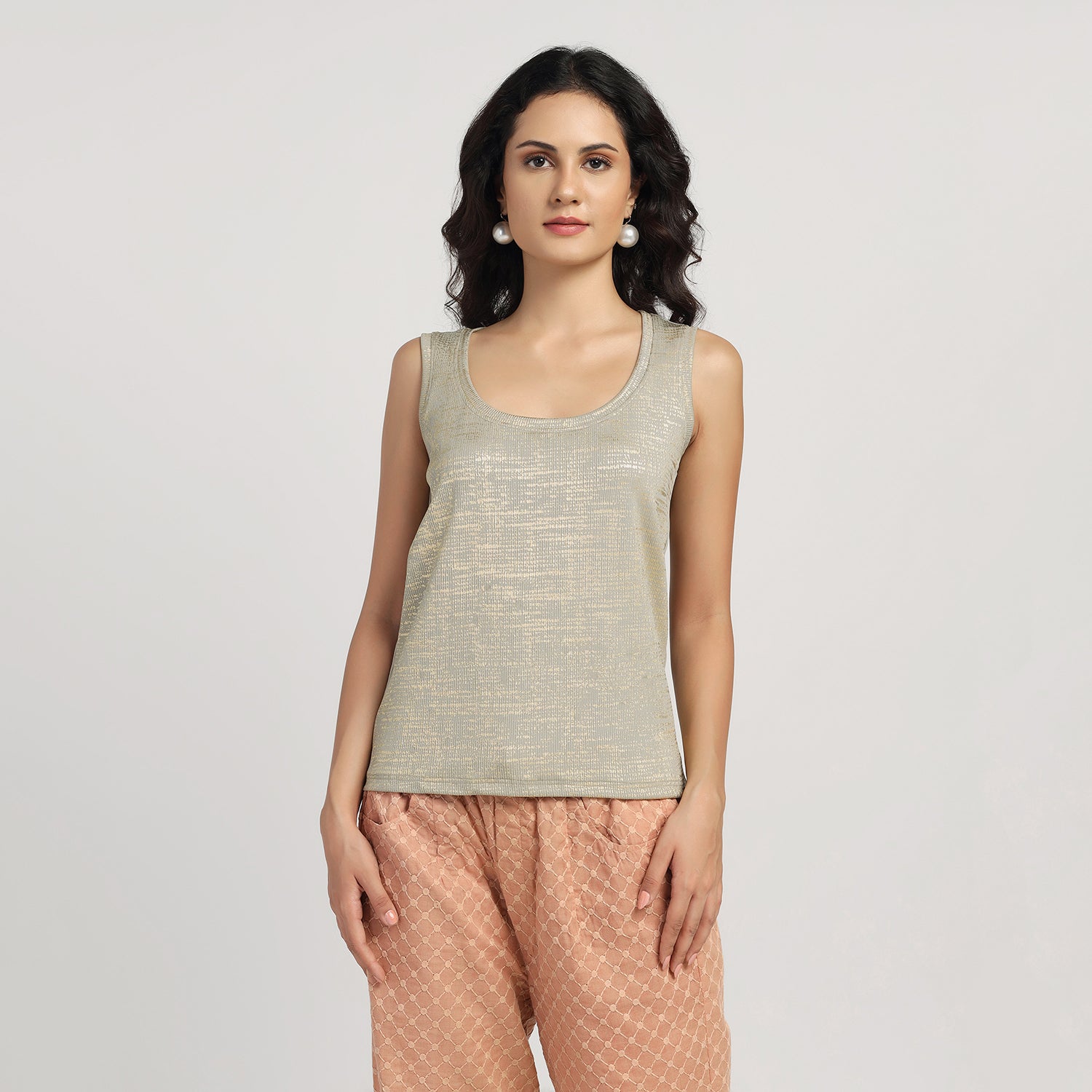 Green Ribbed Full Foil Print Top for Women