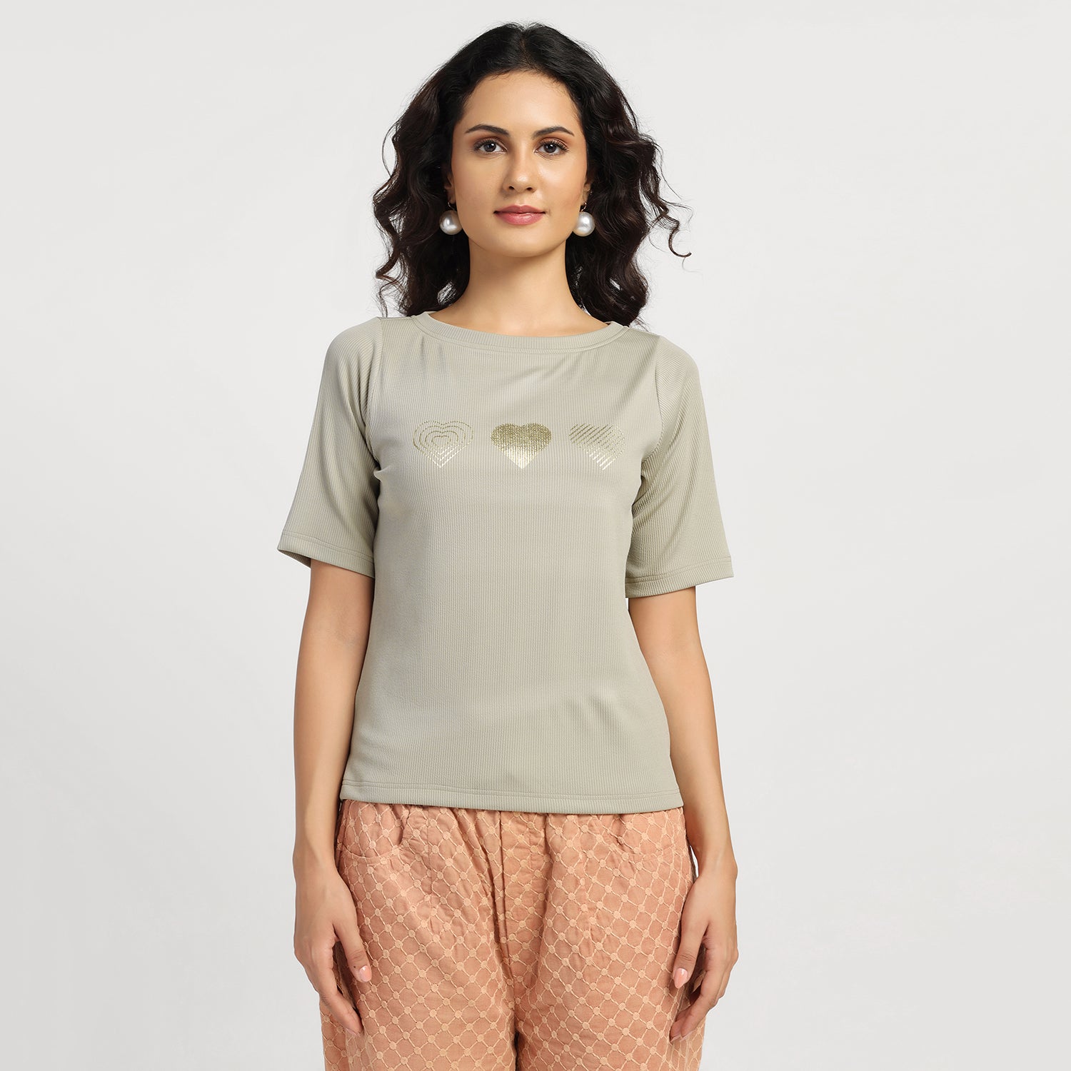 Green Heart Foil Printed Ribbed Top for Women