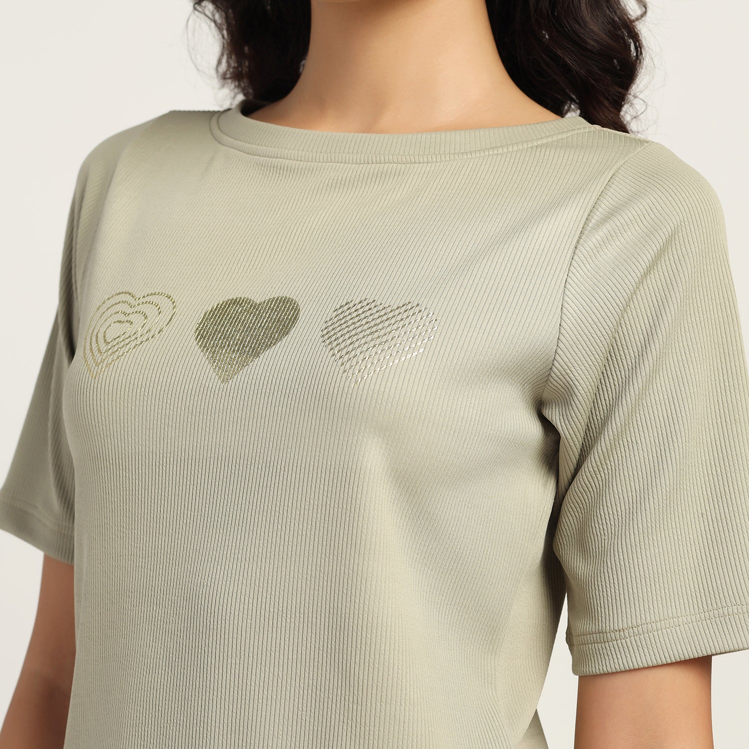 Green Heart Foil Printed Ribbed Top