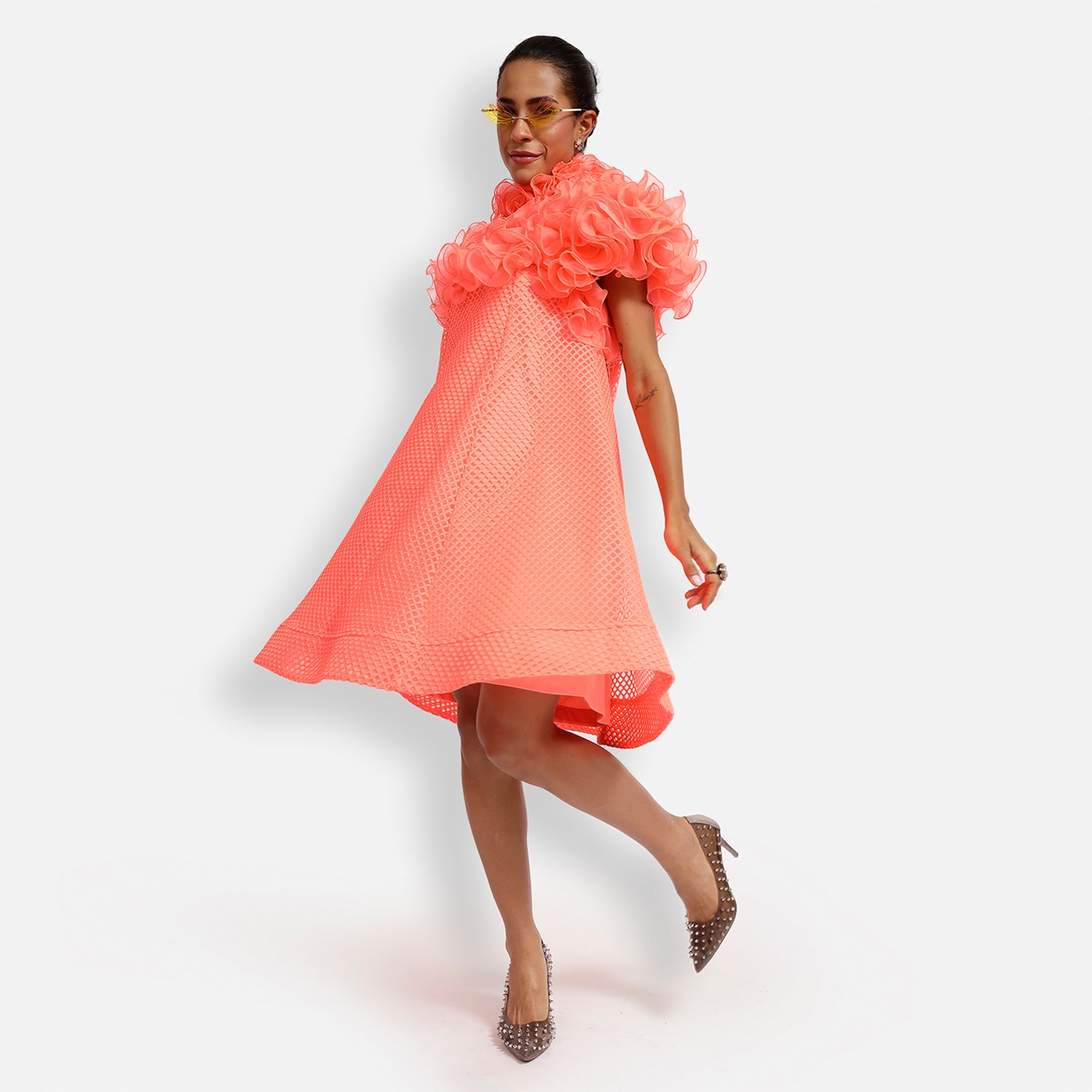 Neon Mesh Net Frill Neck Dress