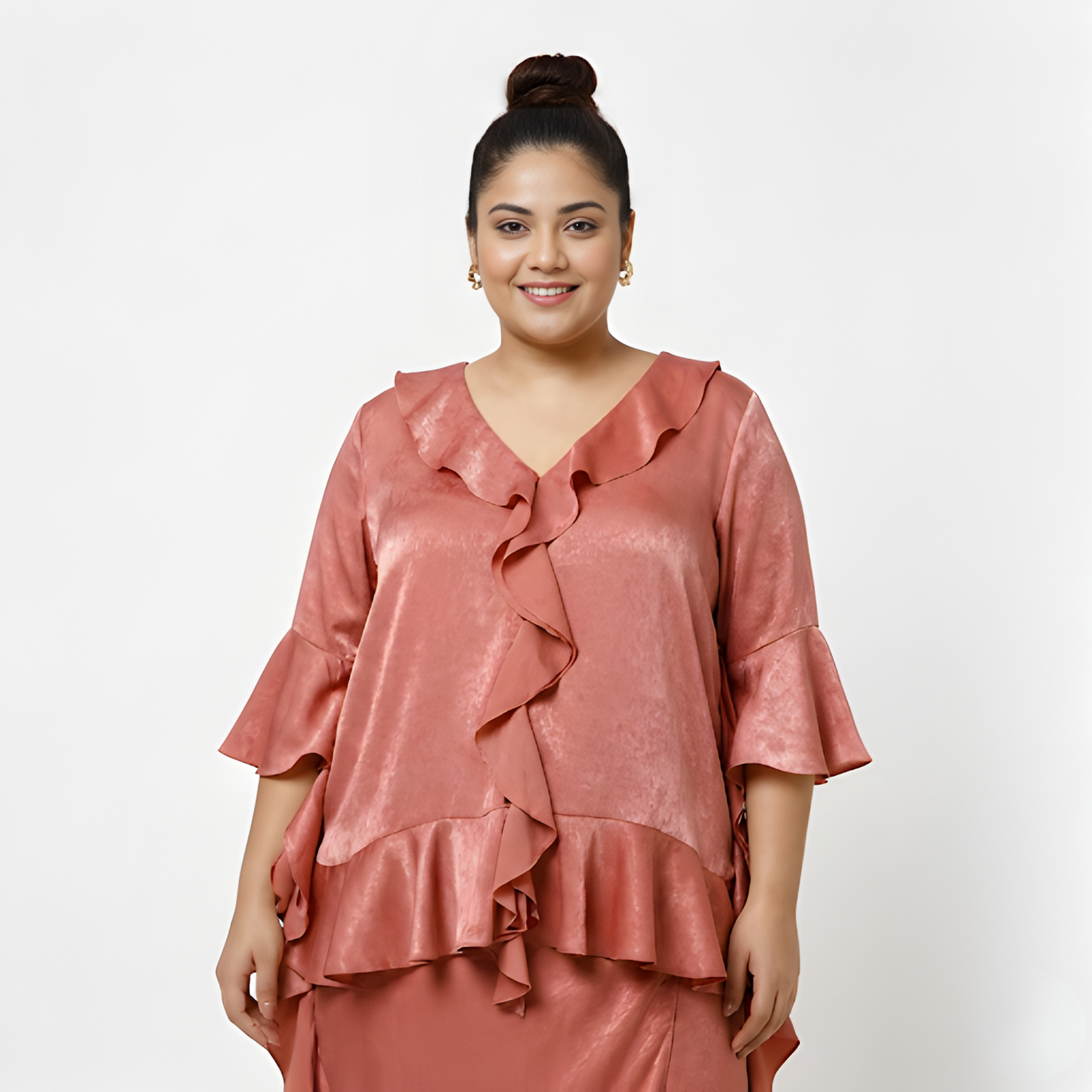 Peach Satin Asymetrical Frill Top