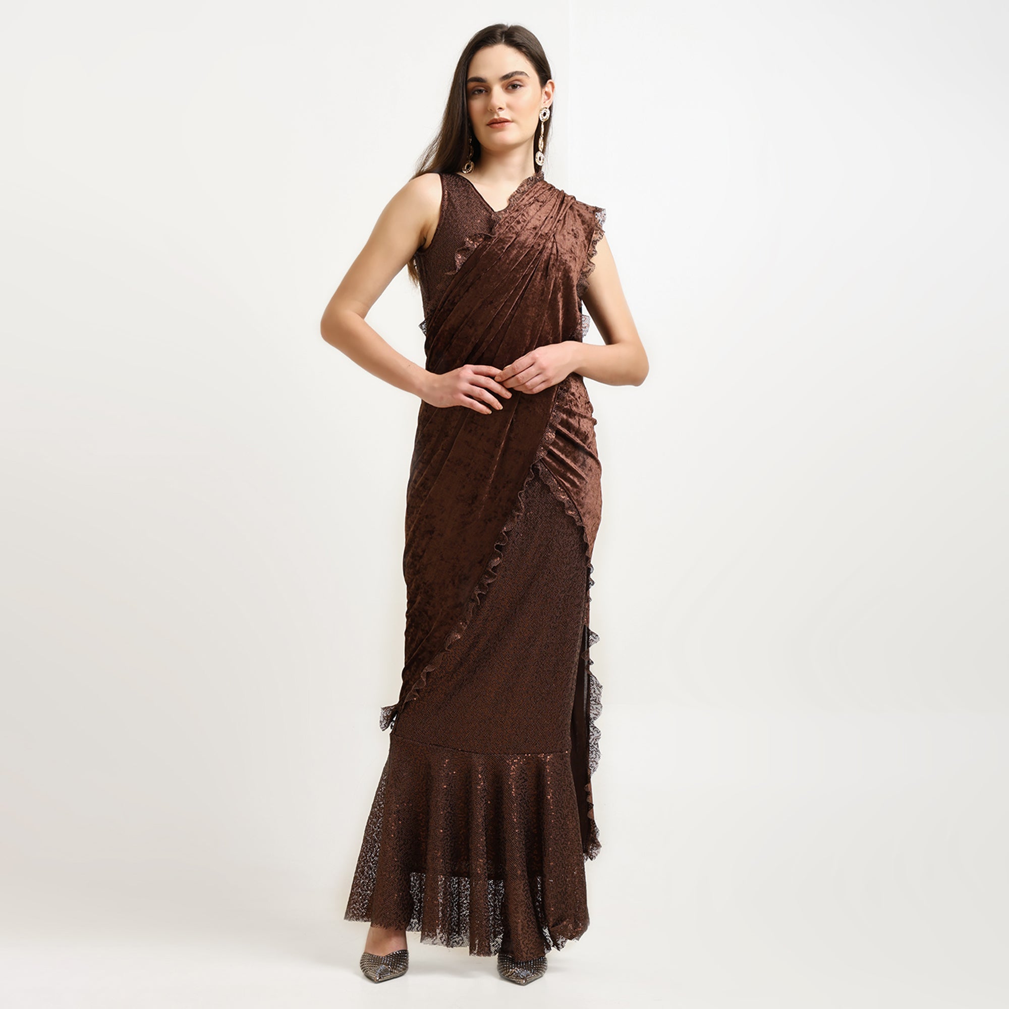 Brown Velvet Sequence Saree