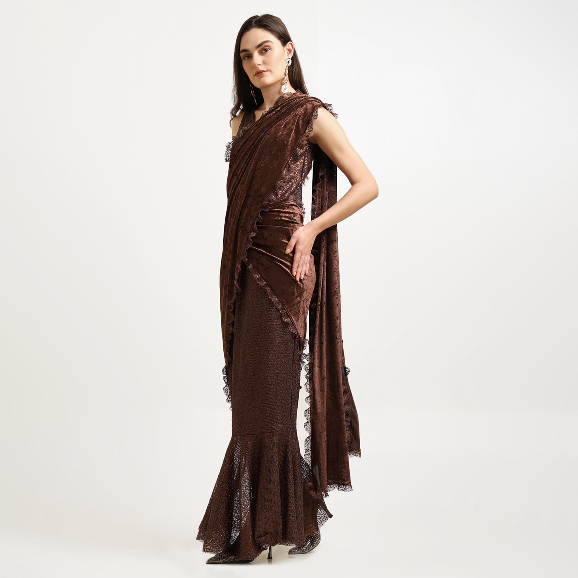 Brown Velvet Sequence Saree