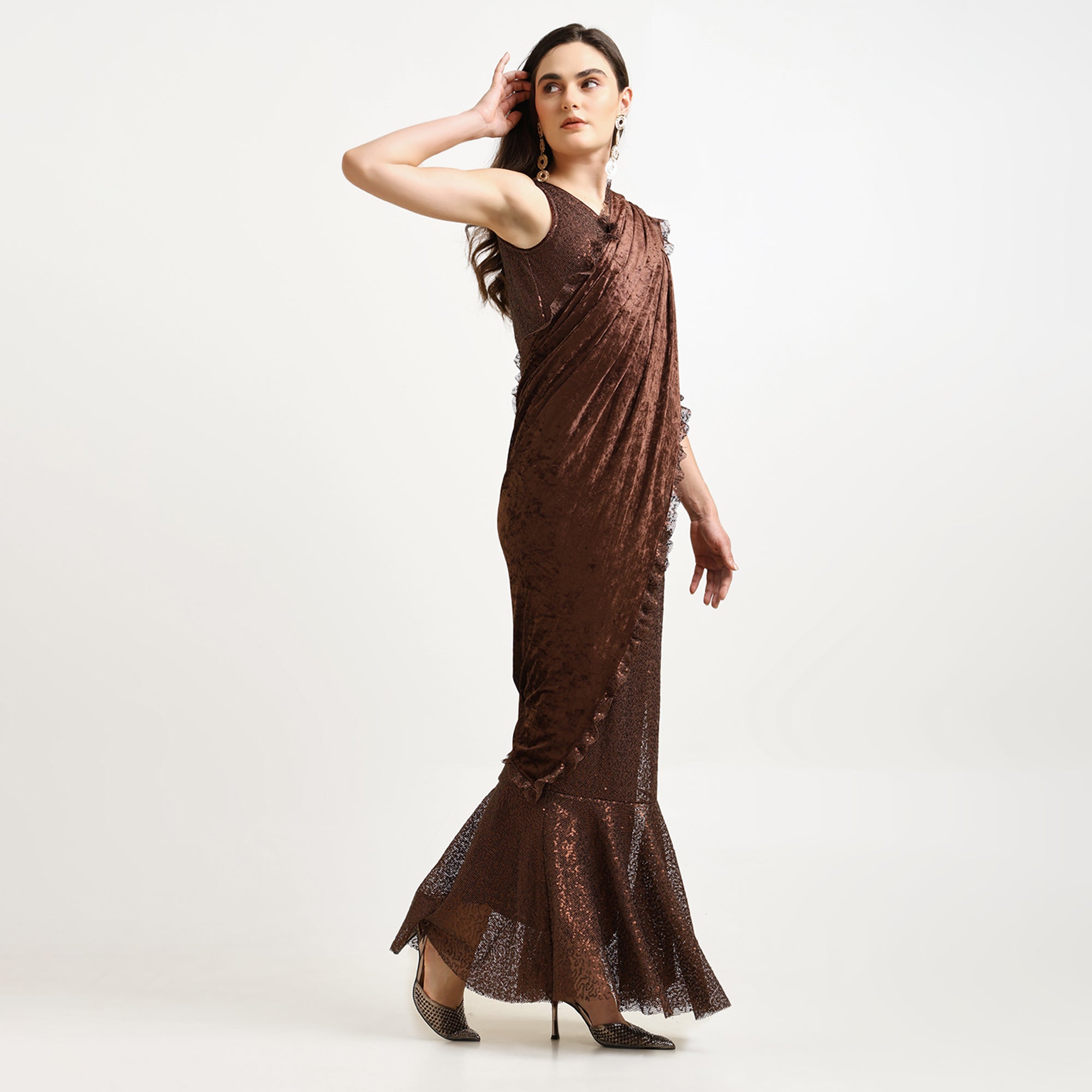 Brown Velvet Sequence Saree