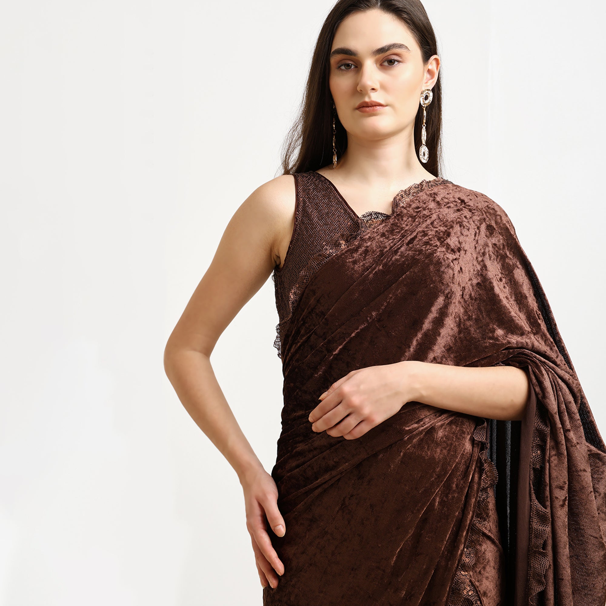 Brown Velvet Sequence Saree