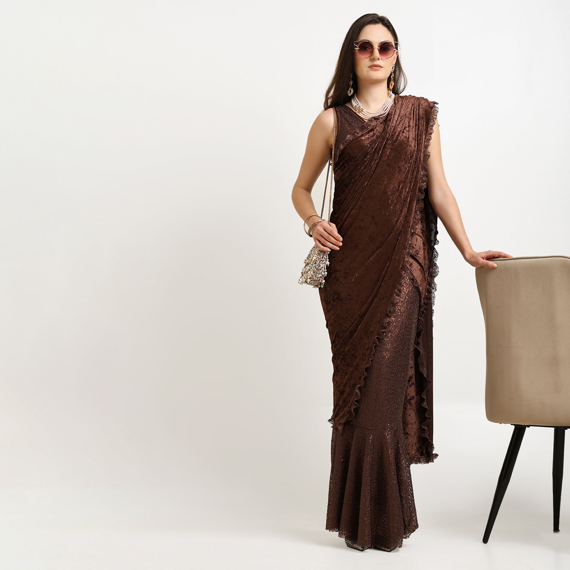 Brown Velvet Sequence Saree