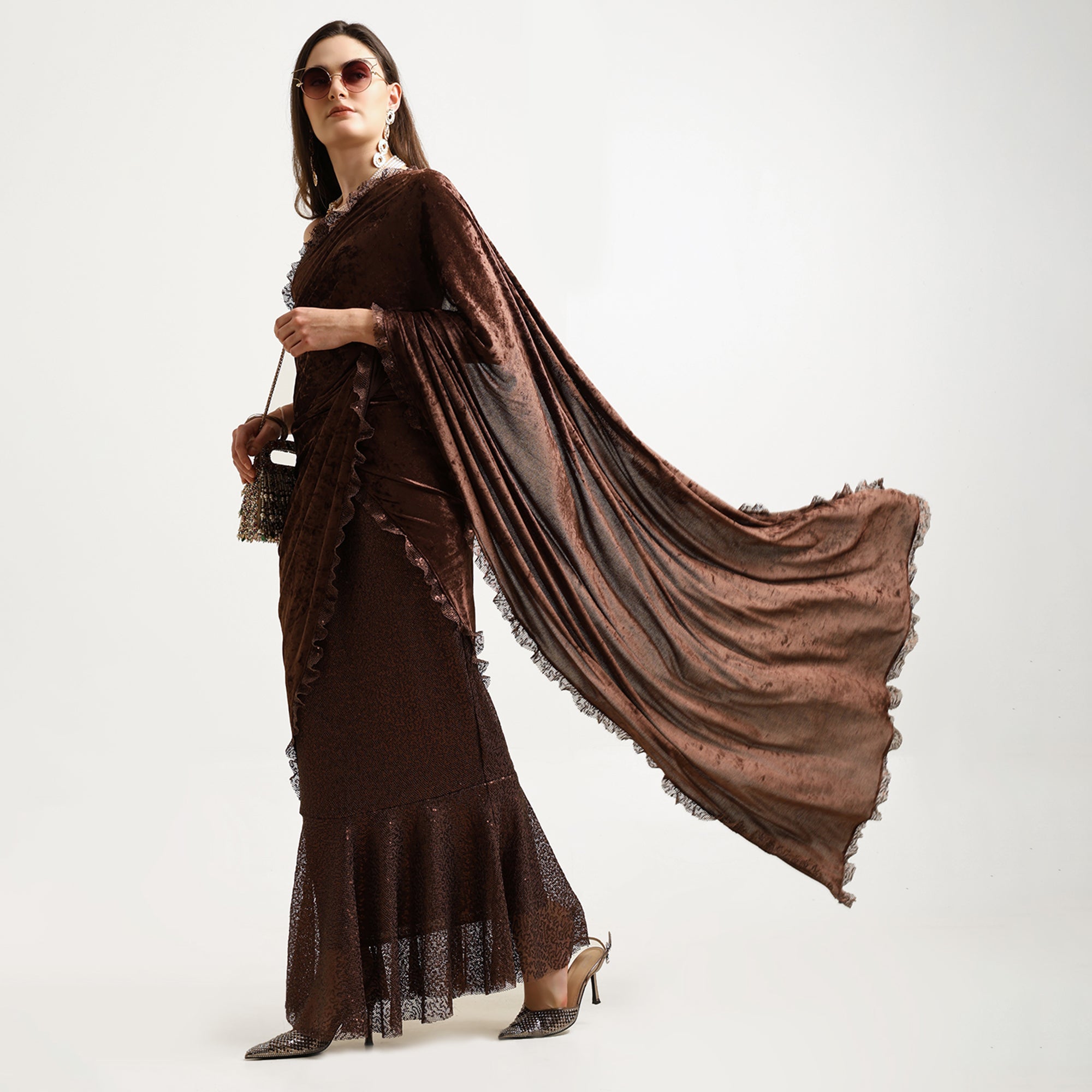Brown Velvet Sequence Saree