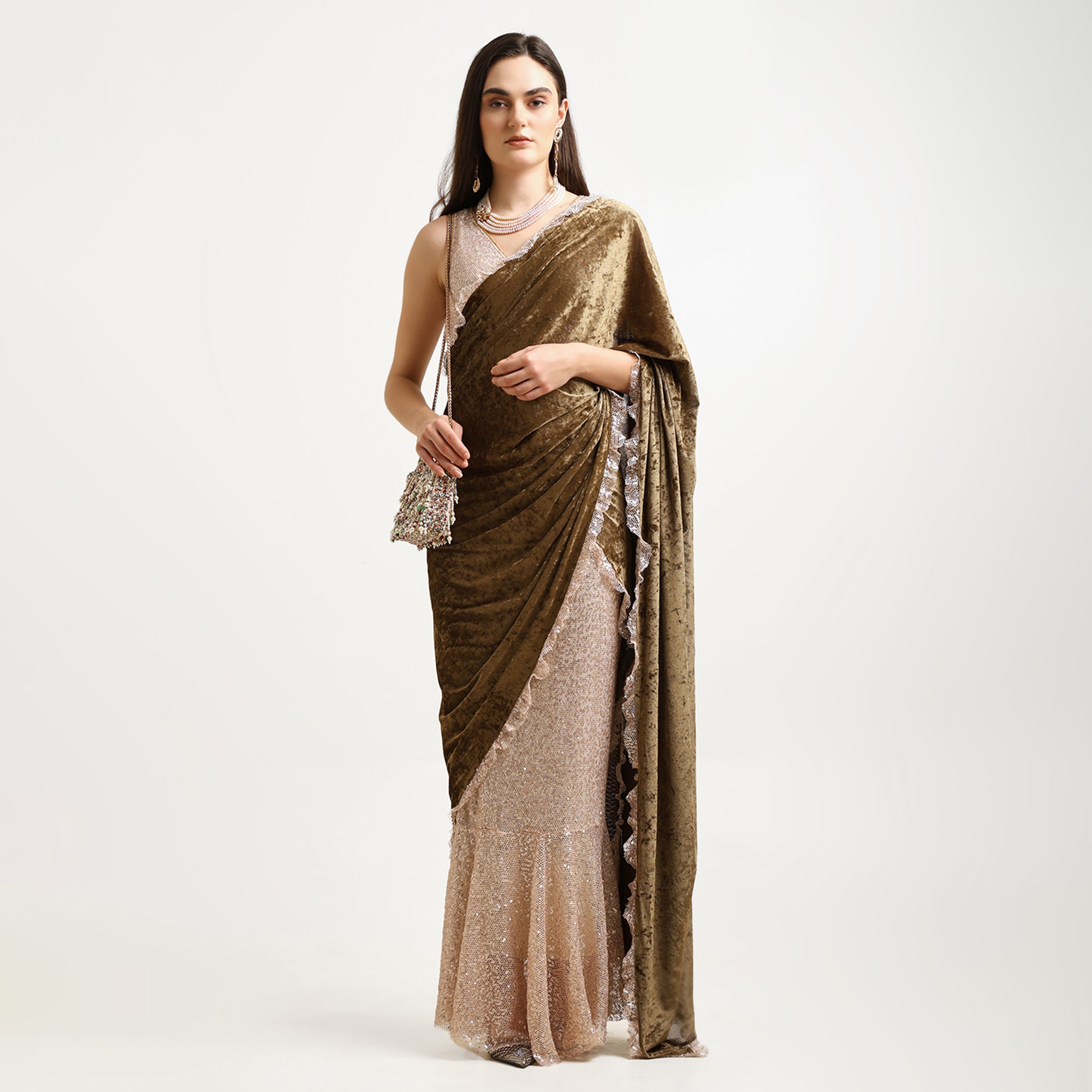 Gold & Green Velvet Sequence Saree