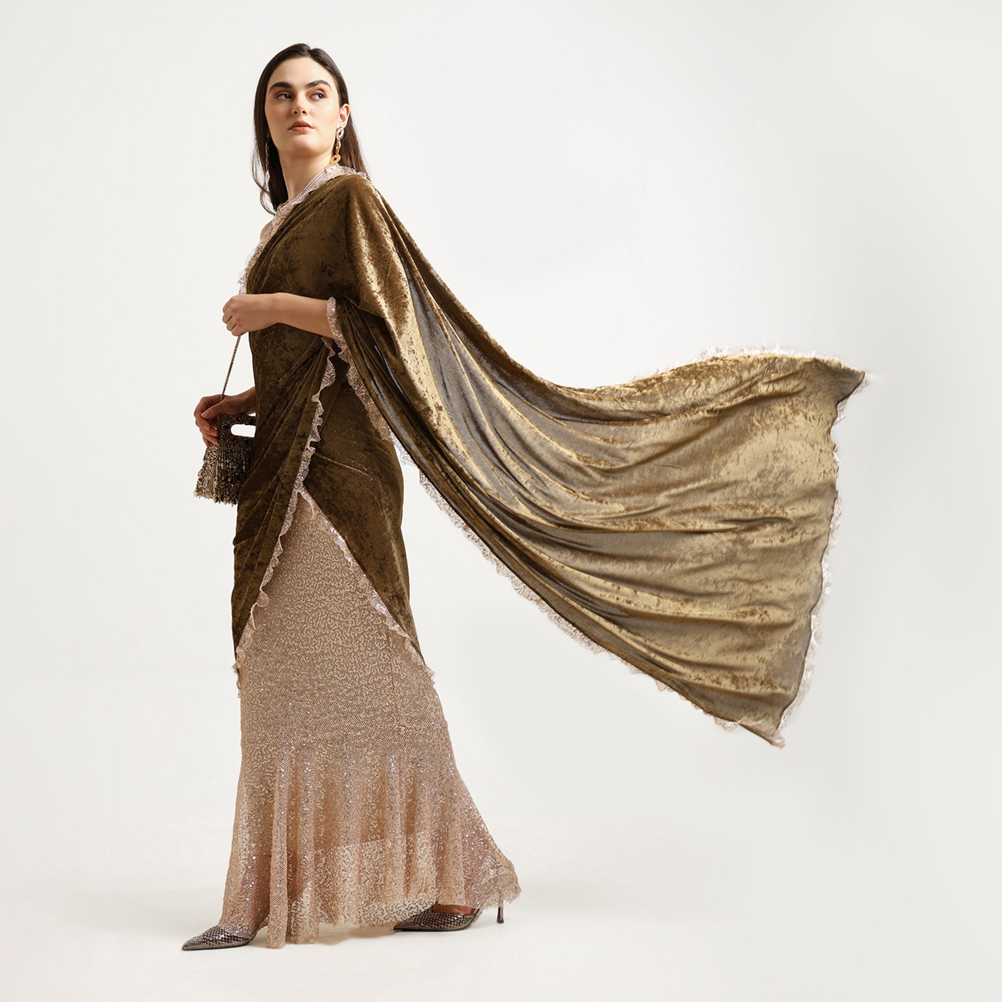 Gold & Green Velvet Sequence Saree