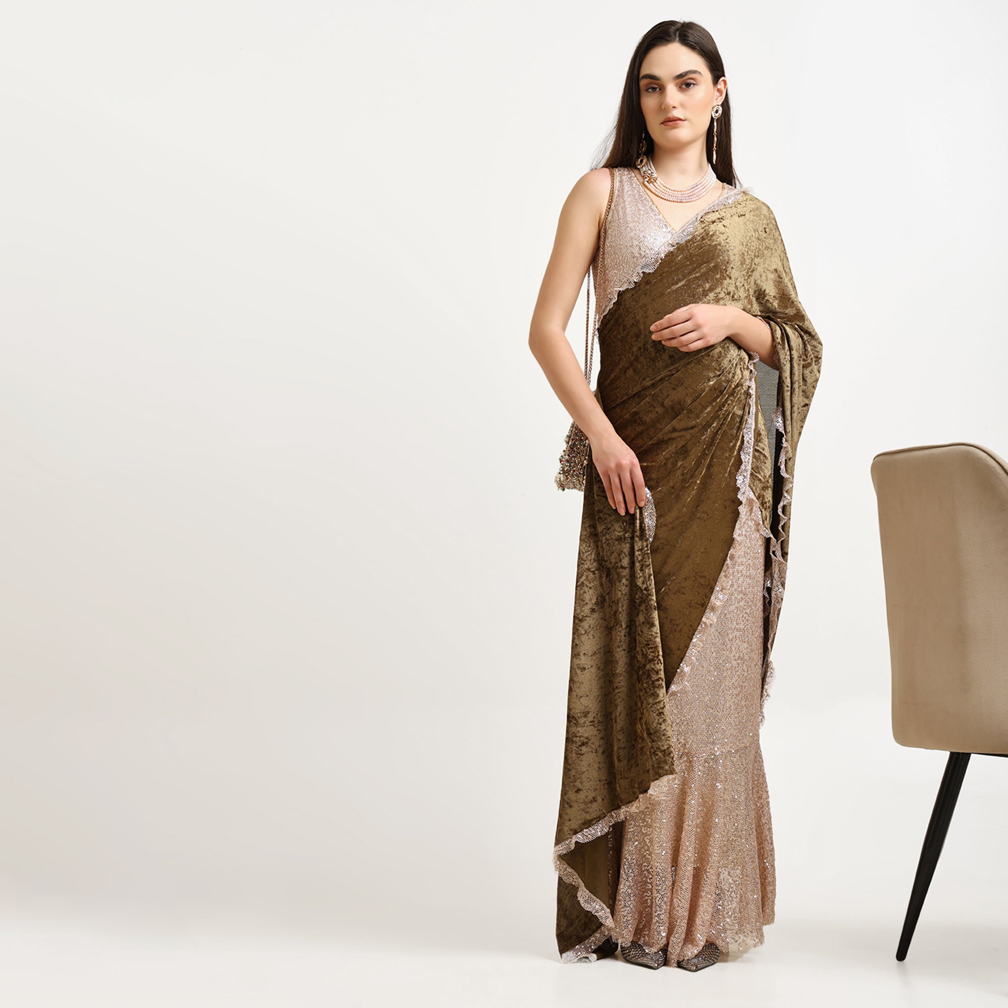 Gold & Green Velvet Sequence Saree