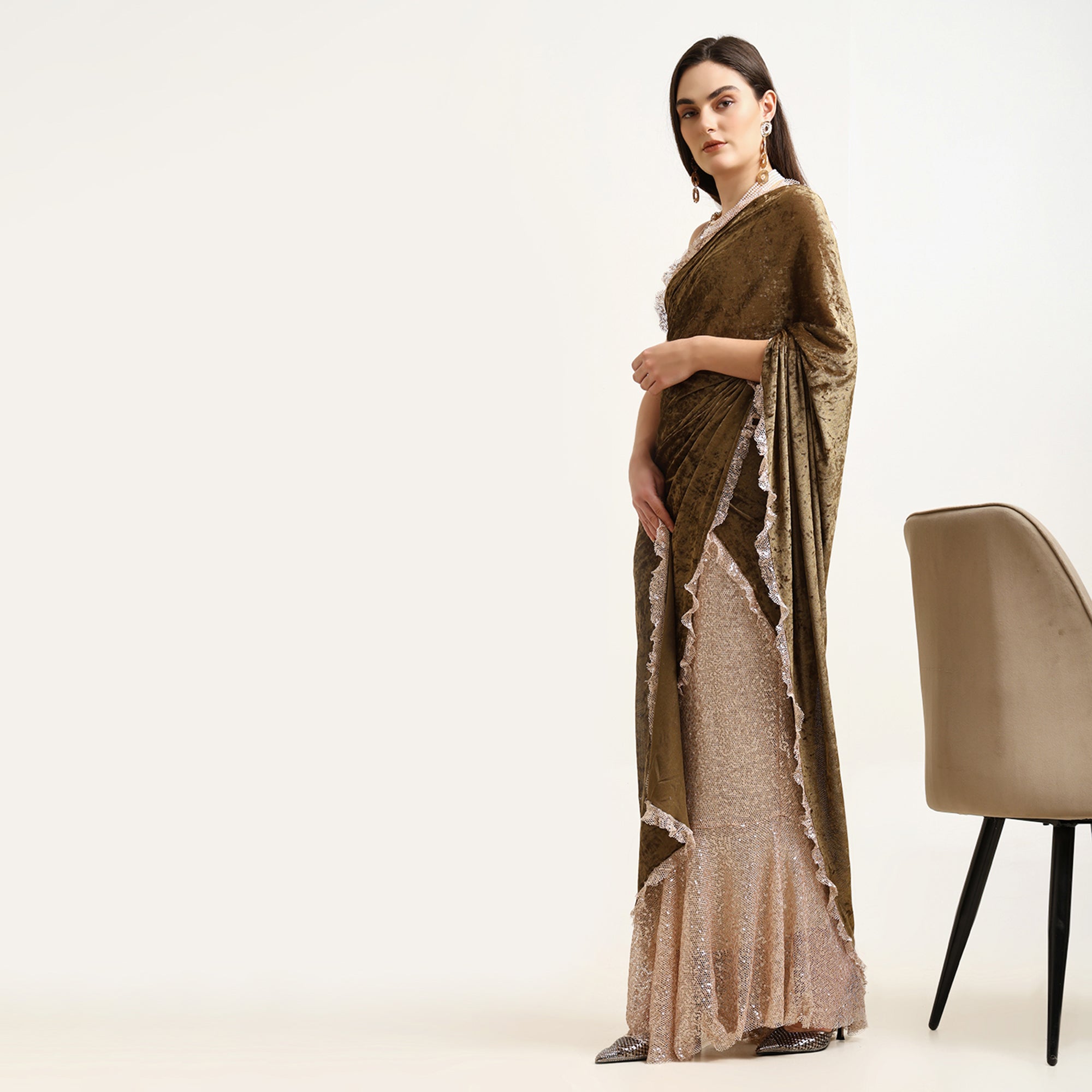 Gold & Green Velvet Sequence Saree