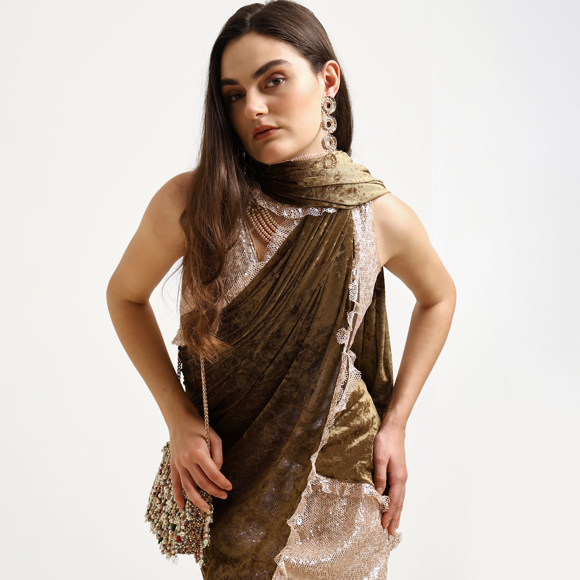 Gold & Green Velvet Sequence Saree