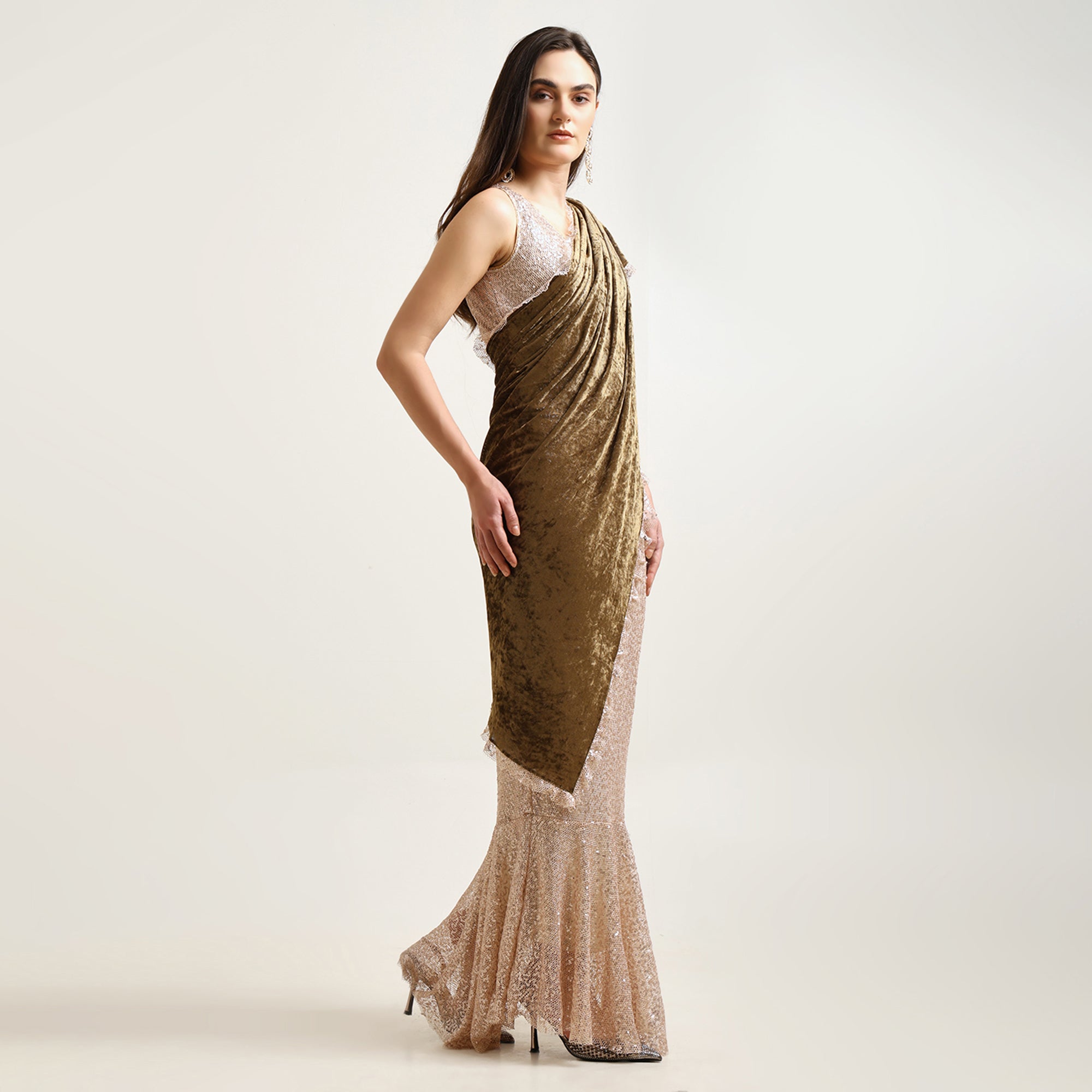 Gold & Green Velvet Sequence Saree