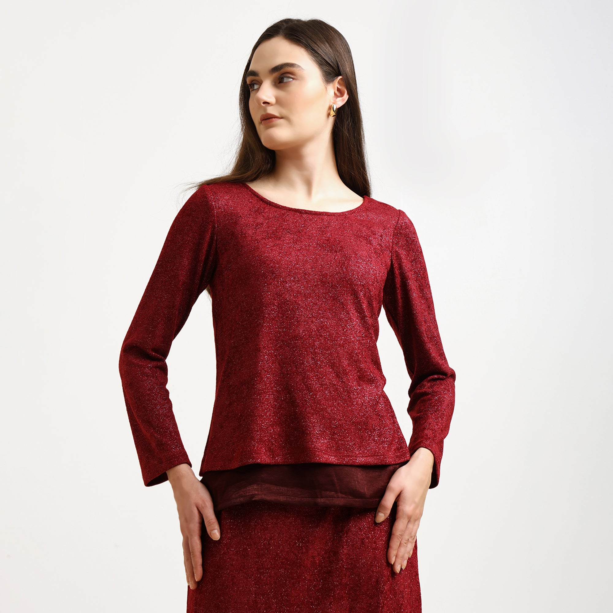 Maroon Double Layered Velvet Shimmer Top