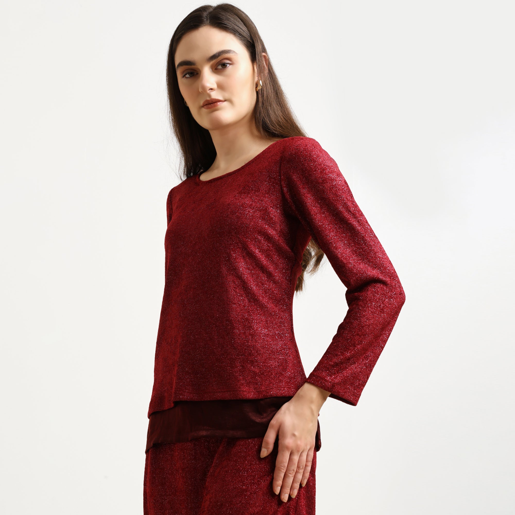 Maroon Double Layered Velvet Shimmer Top