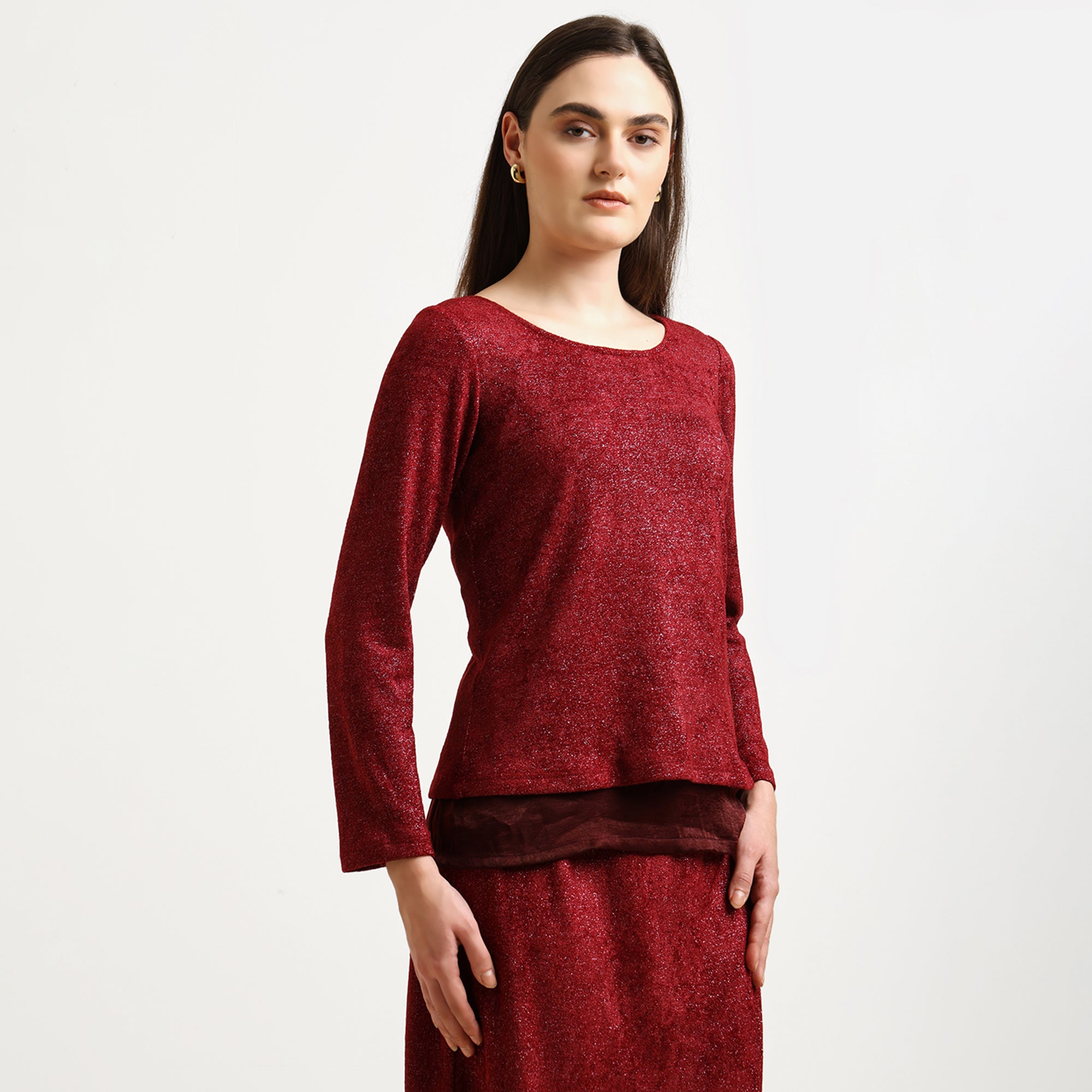 Maroon Double Layered Velvet Shimmer Top