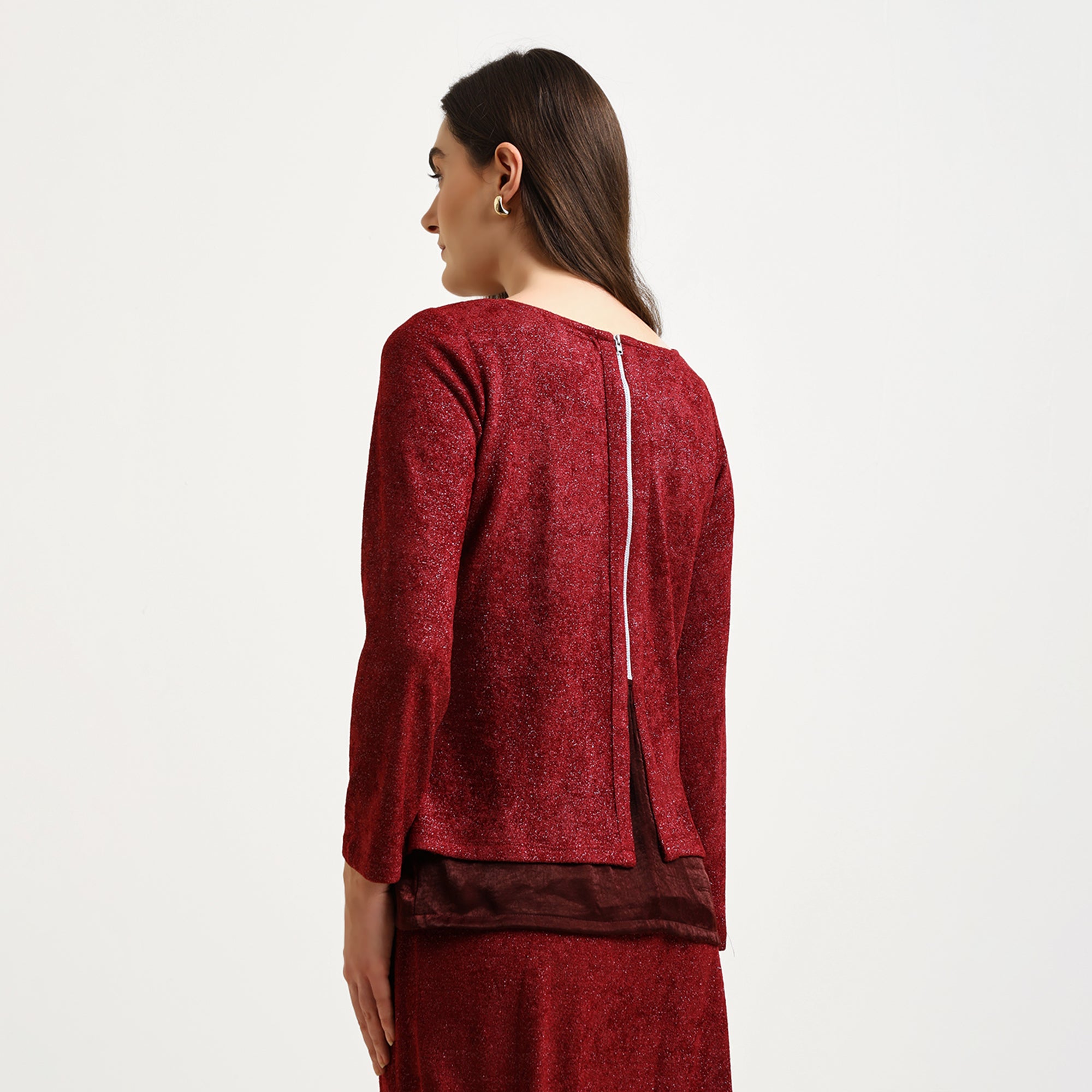Maroon Double Layered Velvet Shimmer Top