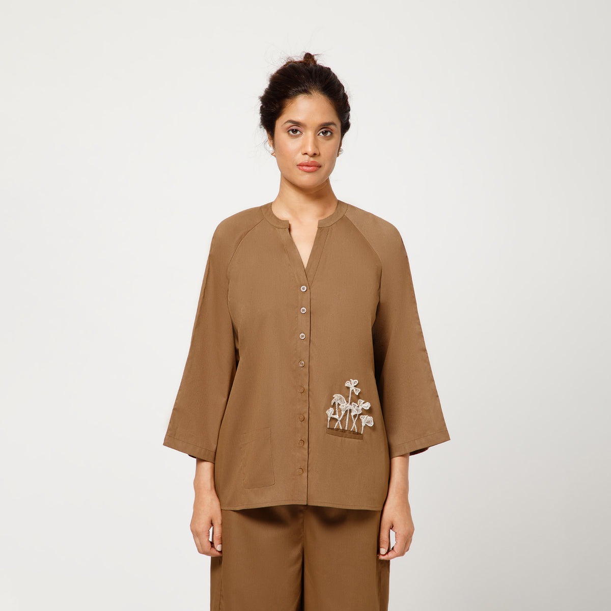 Brown Cotton Blend Top With Organza Flower Pocket Embroidery