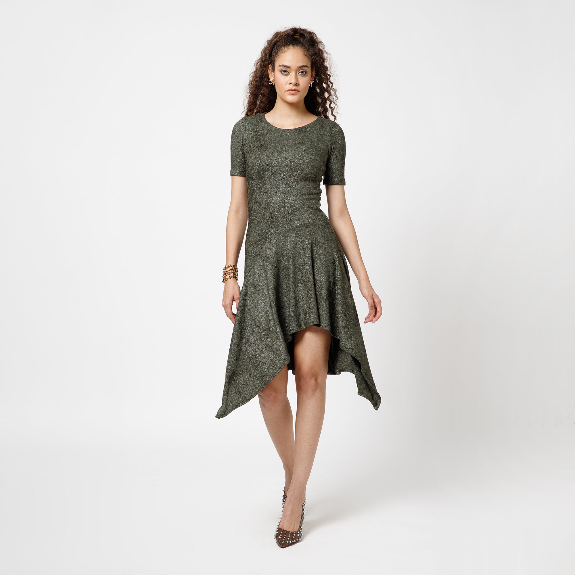 Green Asymmetrical Velvet  Dress