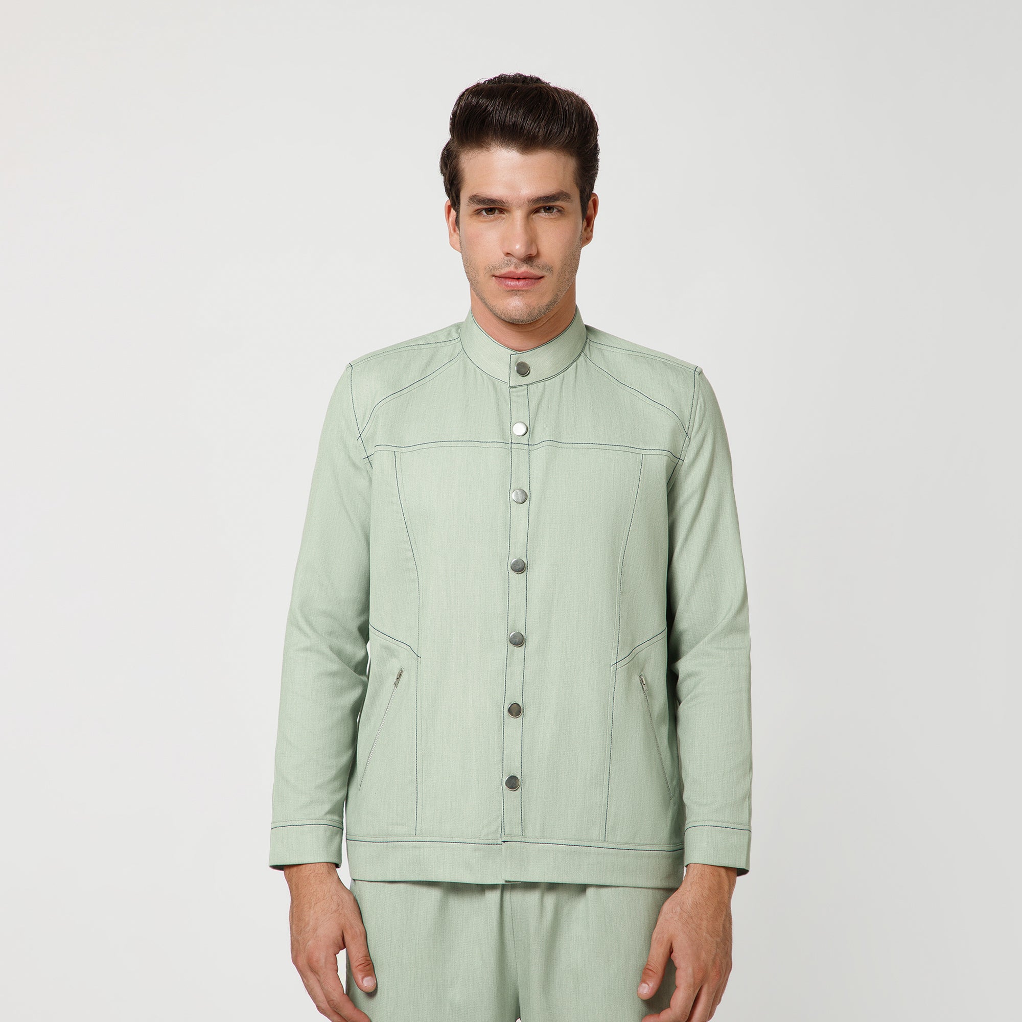 Green Denim Jacket With Silver Zip