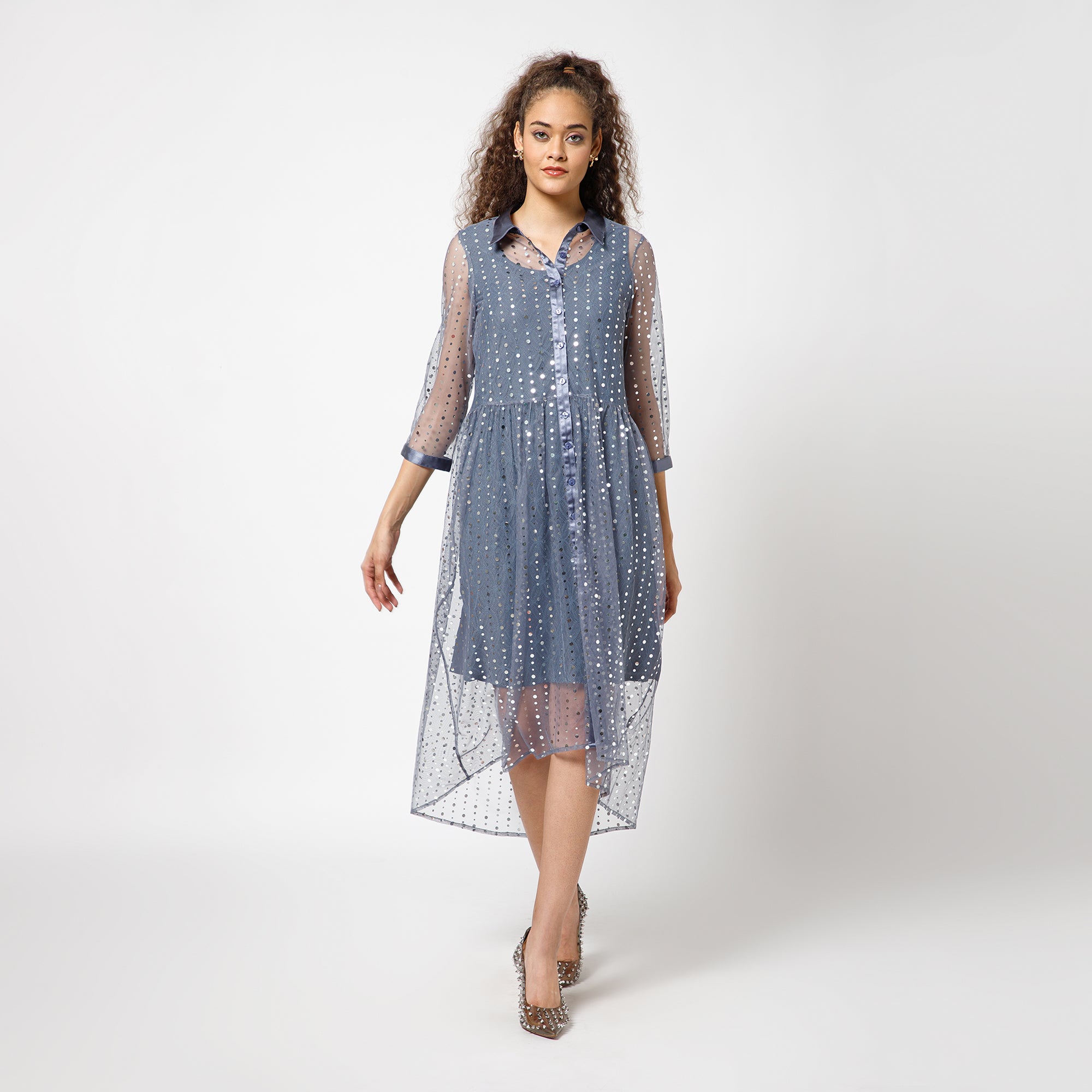 Stone Blue Tunic With Mirror Sequence