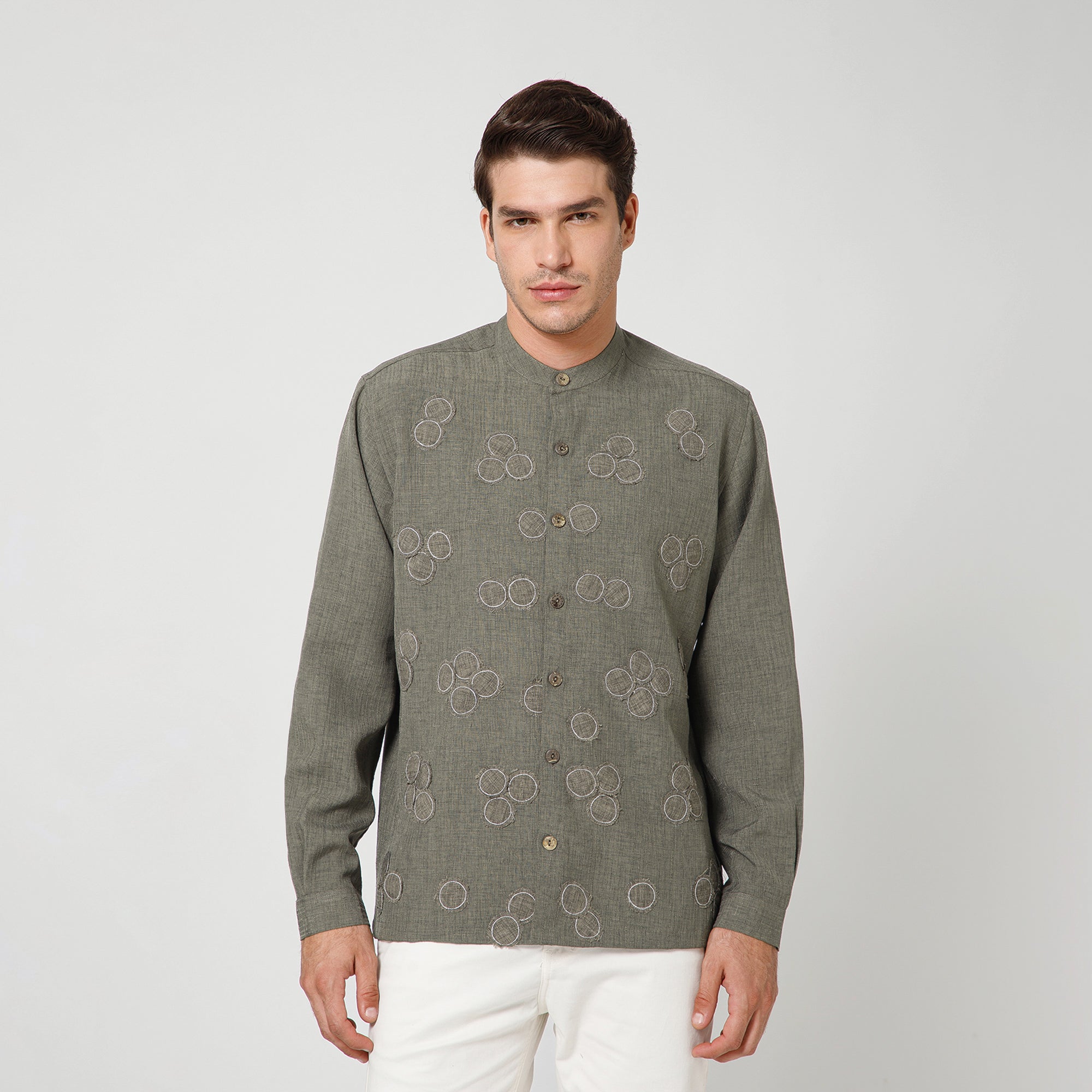 Brown Cotton Slub Linen Textured Shirt With Mandarin Collar And Patch Detailing