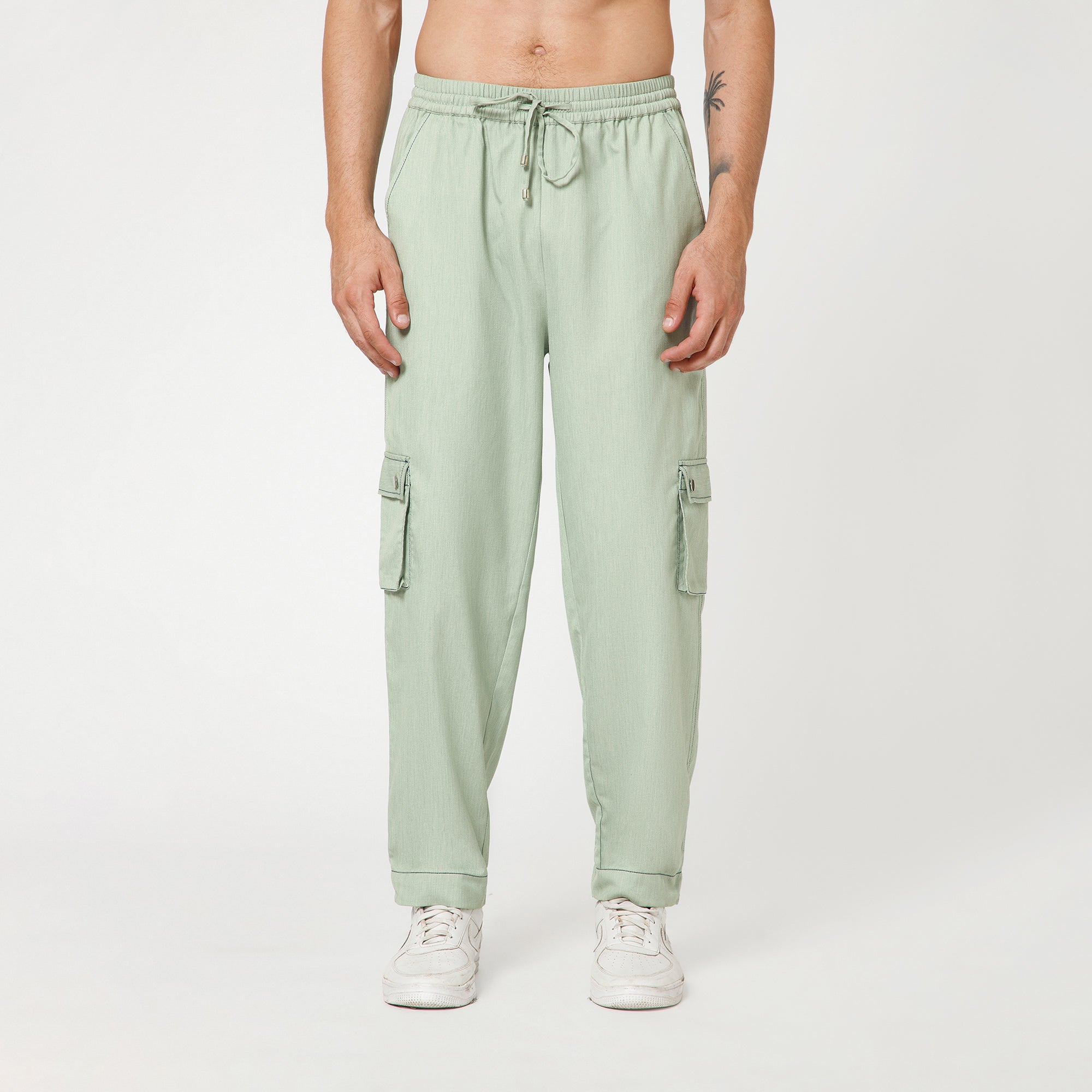 Green Denim Pant With Draw String And Blue Top Stitch