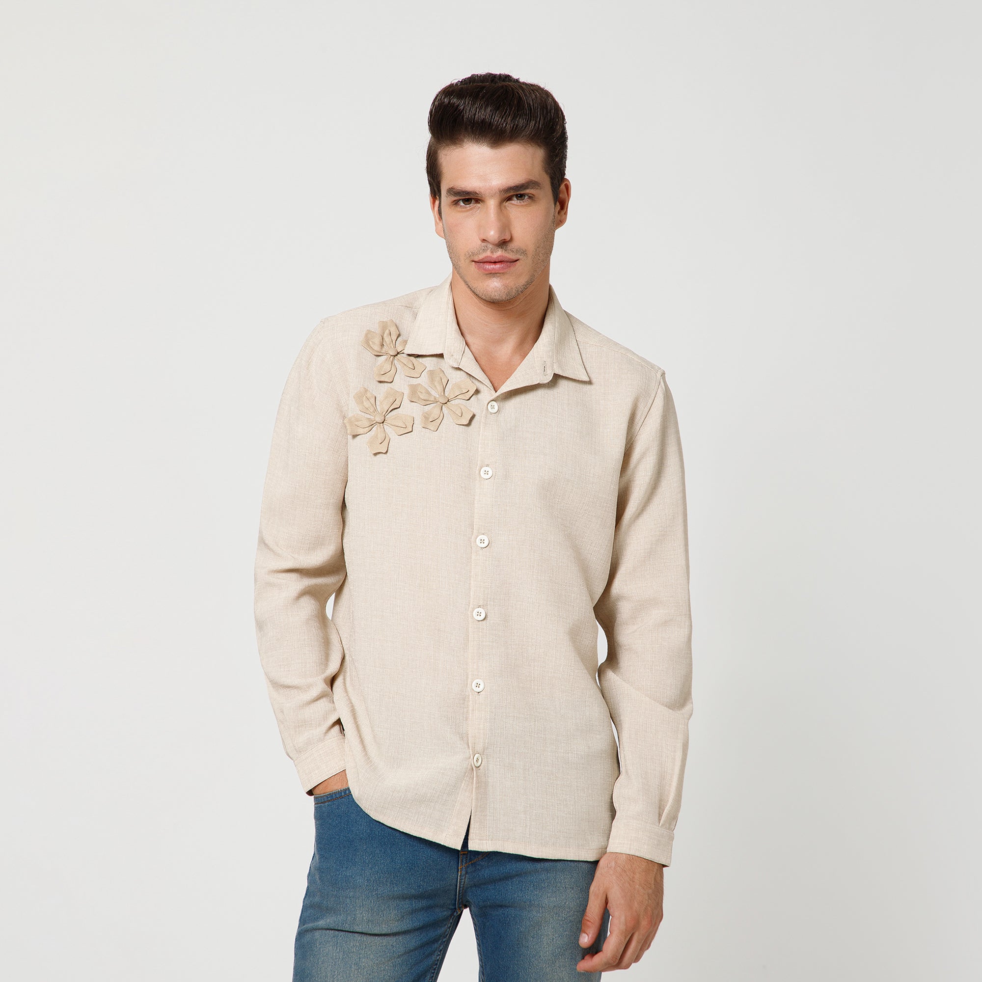 Off White Cotton Slub Linen Textured Shirt With Flower Patches