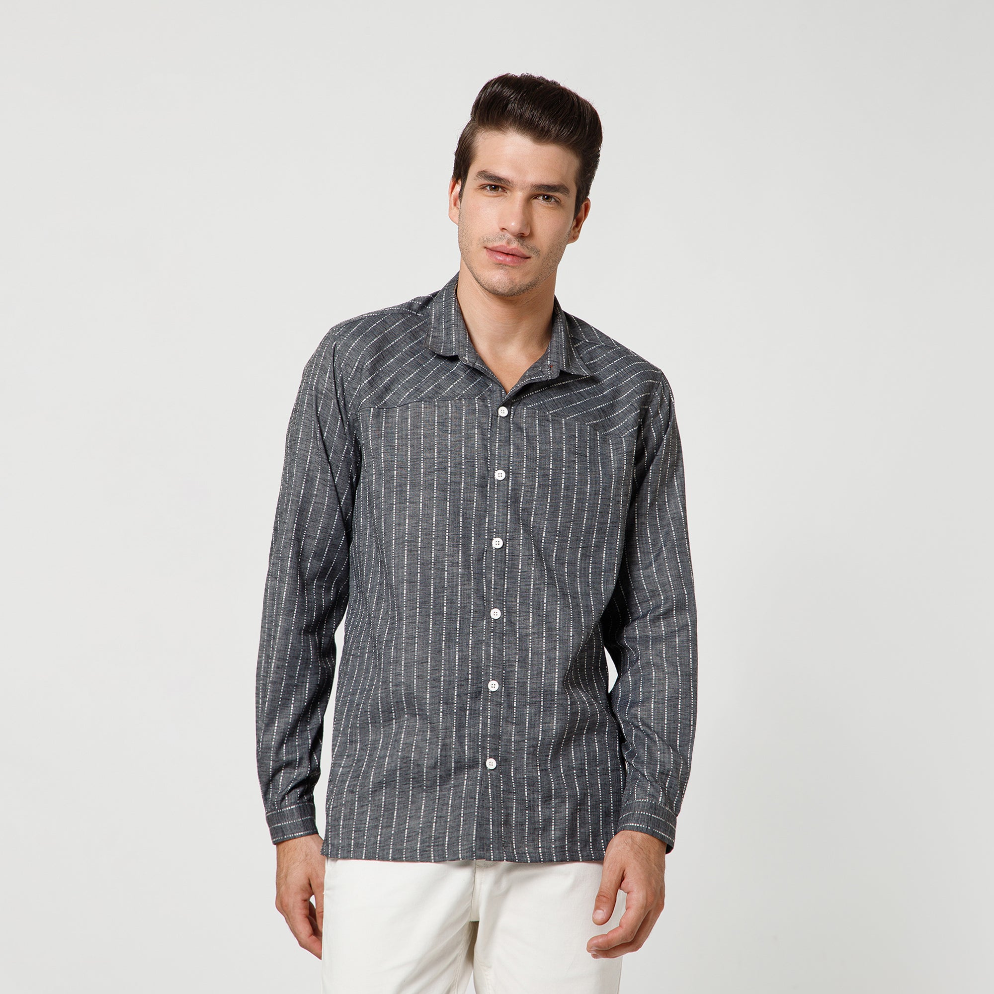 Grey Light Denim Line Shirt With Full Sleeve