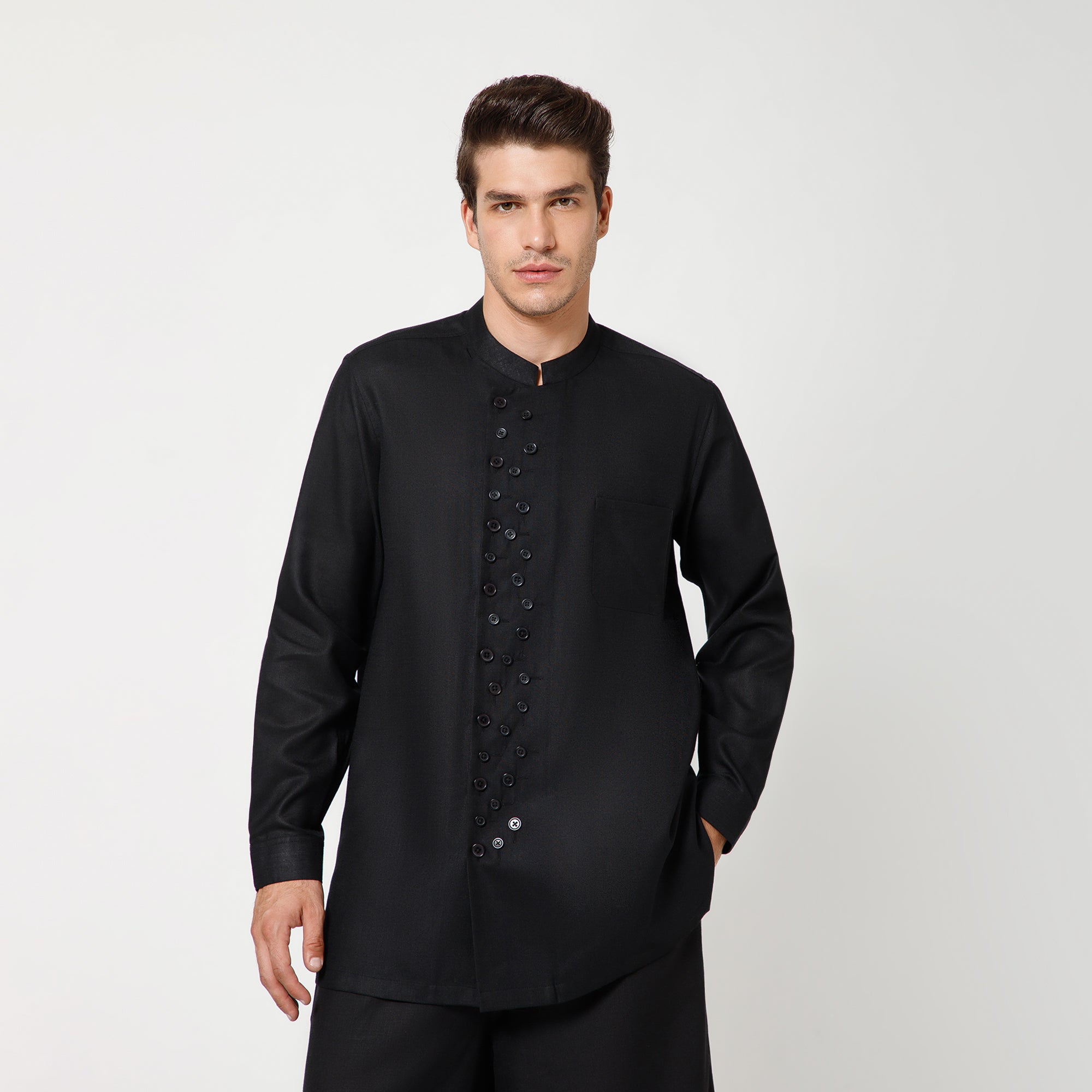 Black Cotton Jacket With Button Details