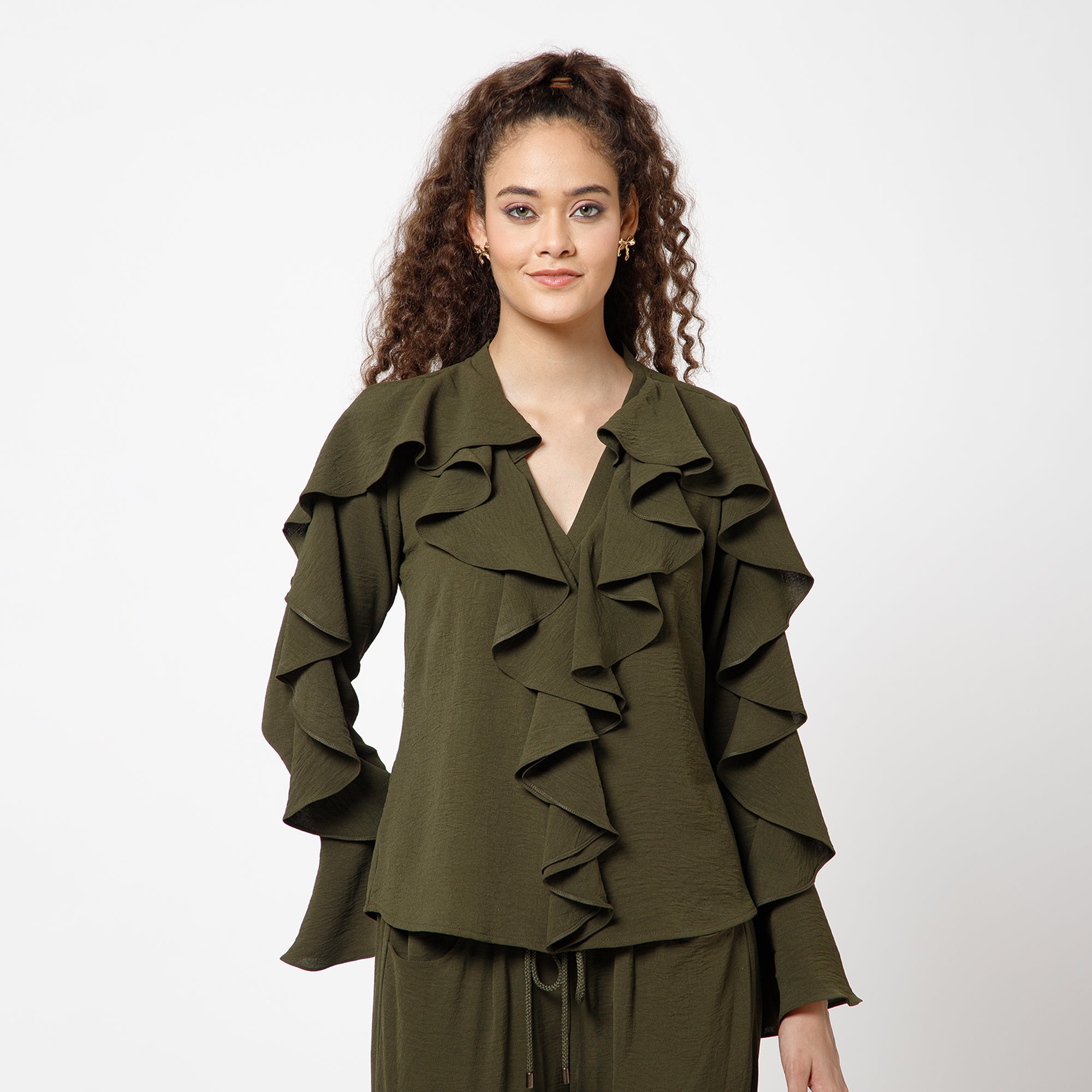 Green Crepe Frill Top