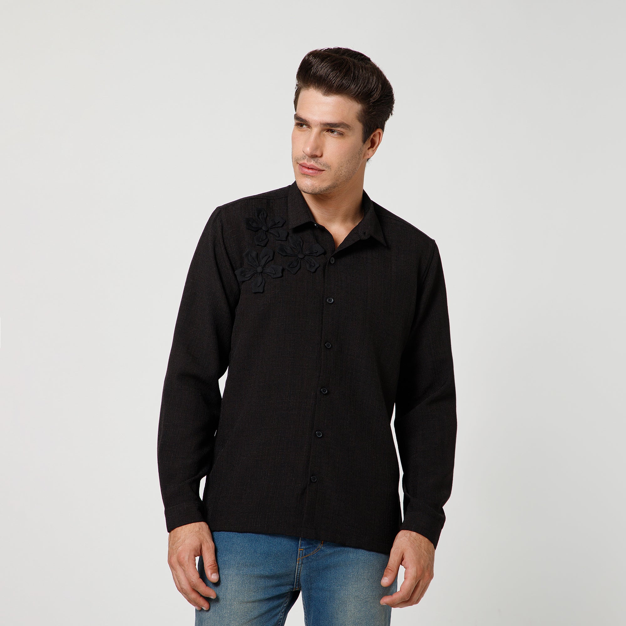Black Cotton Slub Linen Textured Shirt With Flower Patches