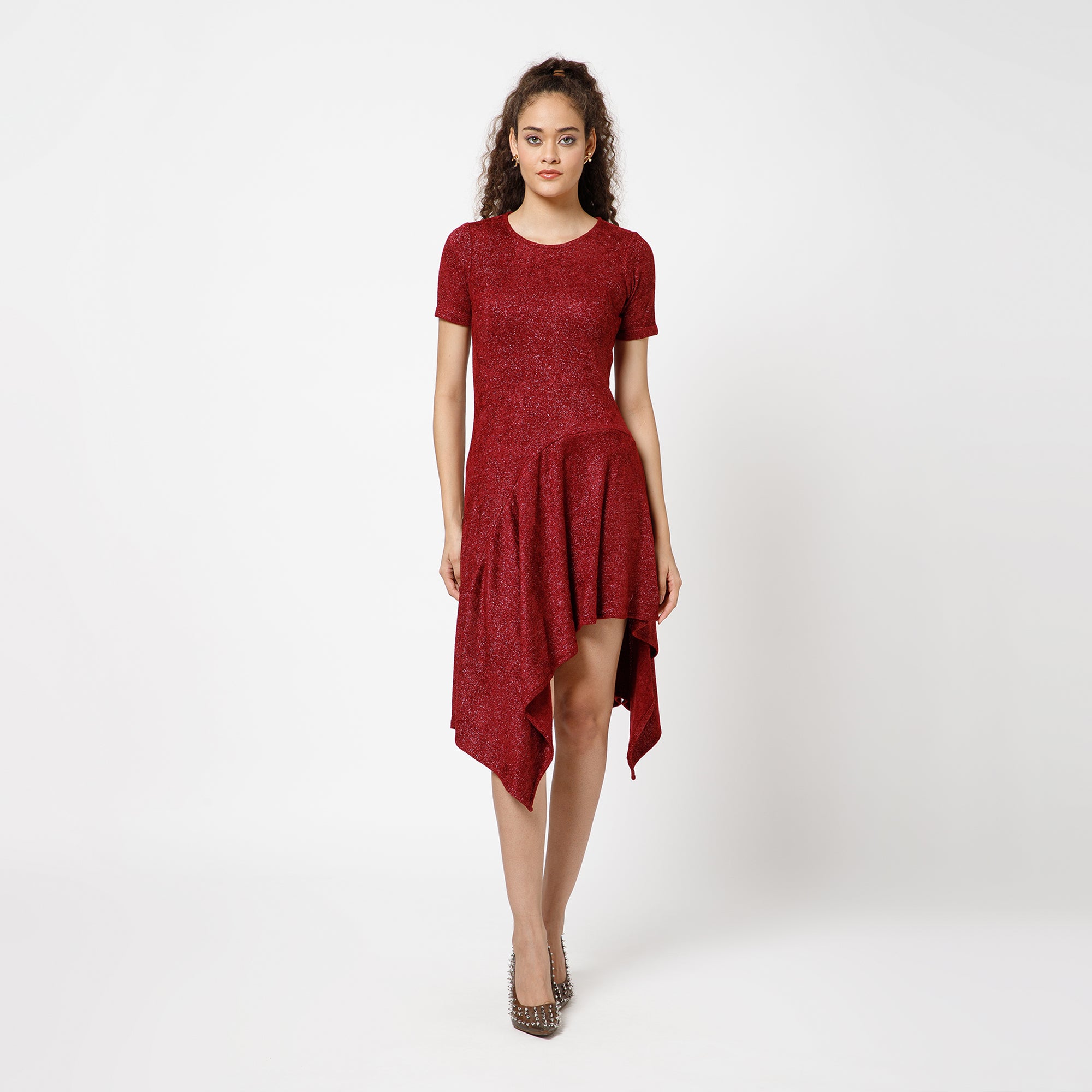 Maroon Asymmetrical Velvet  Dress