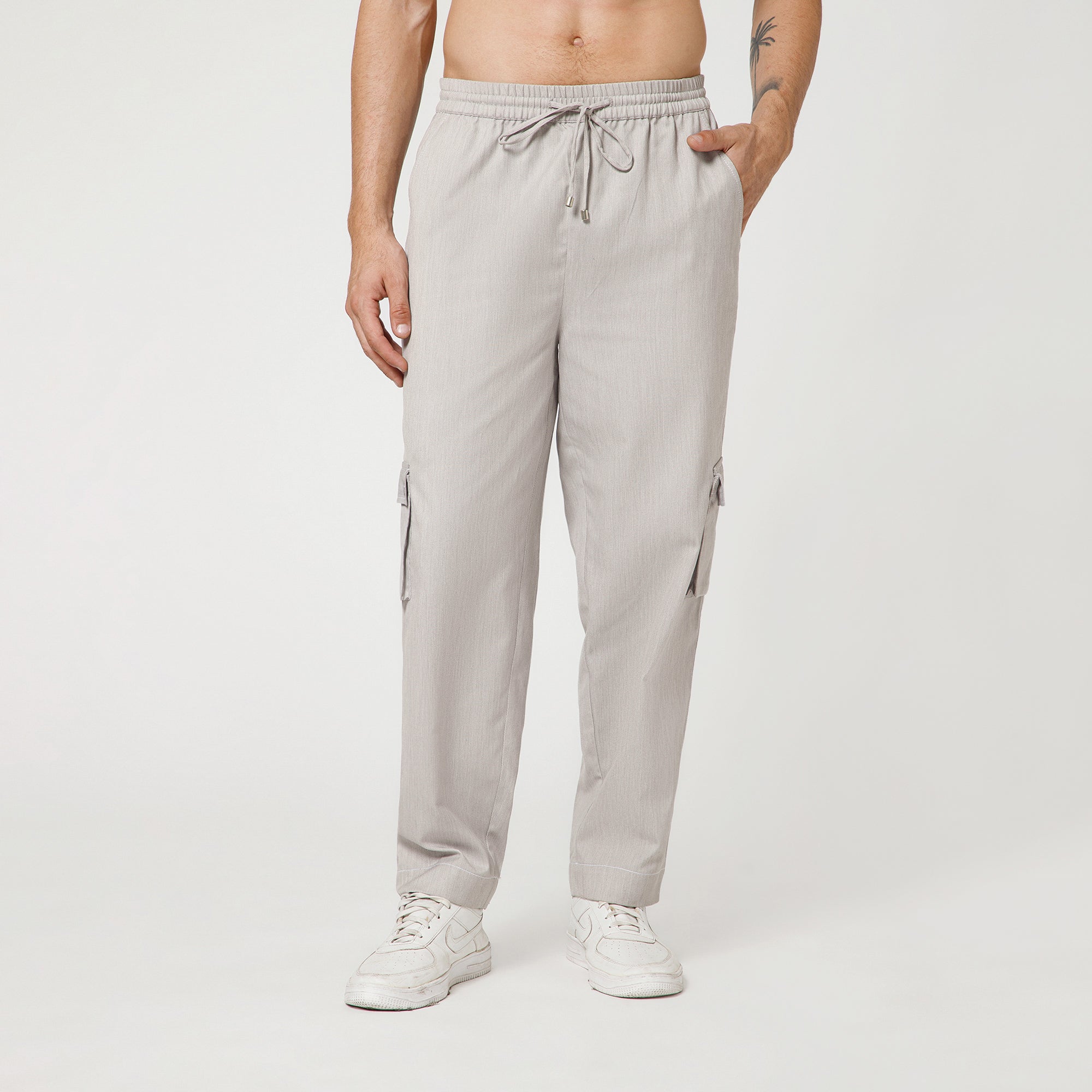 Grey Denim Pant With Draw String And White Top Stitch