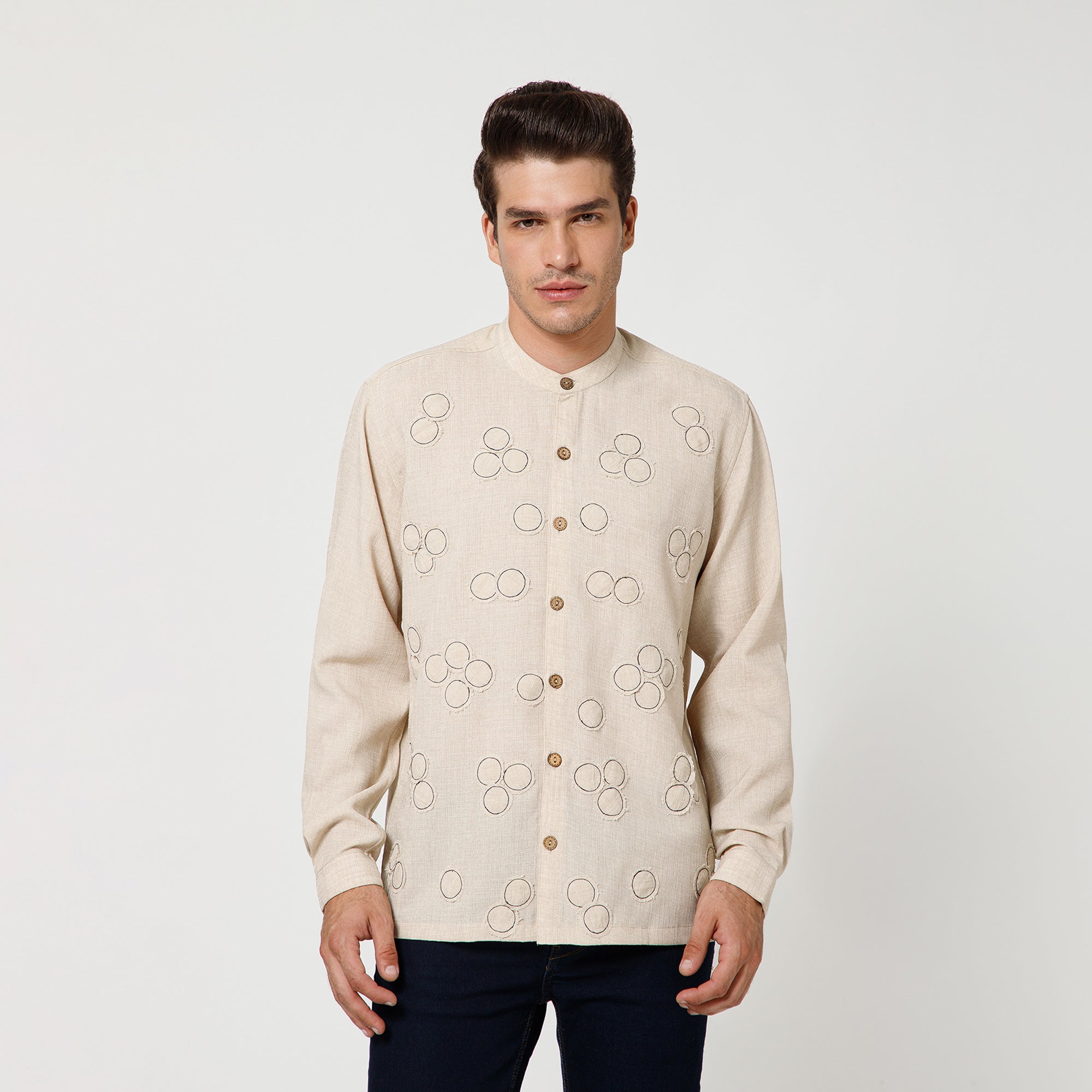 Off White Cotton Slub Linen Textured Shirt With Mandarin Collar And Patch Detailing