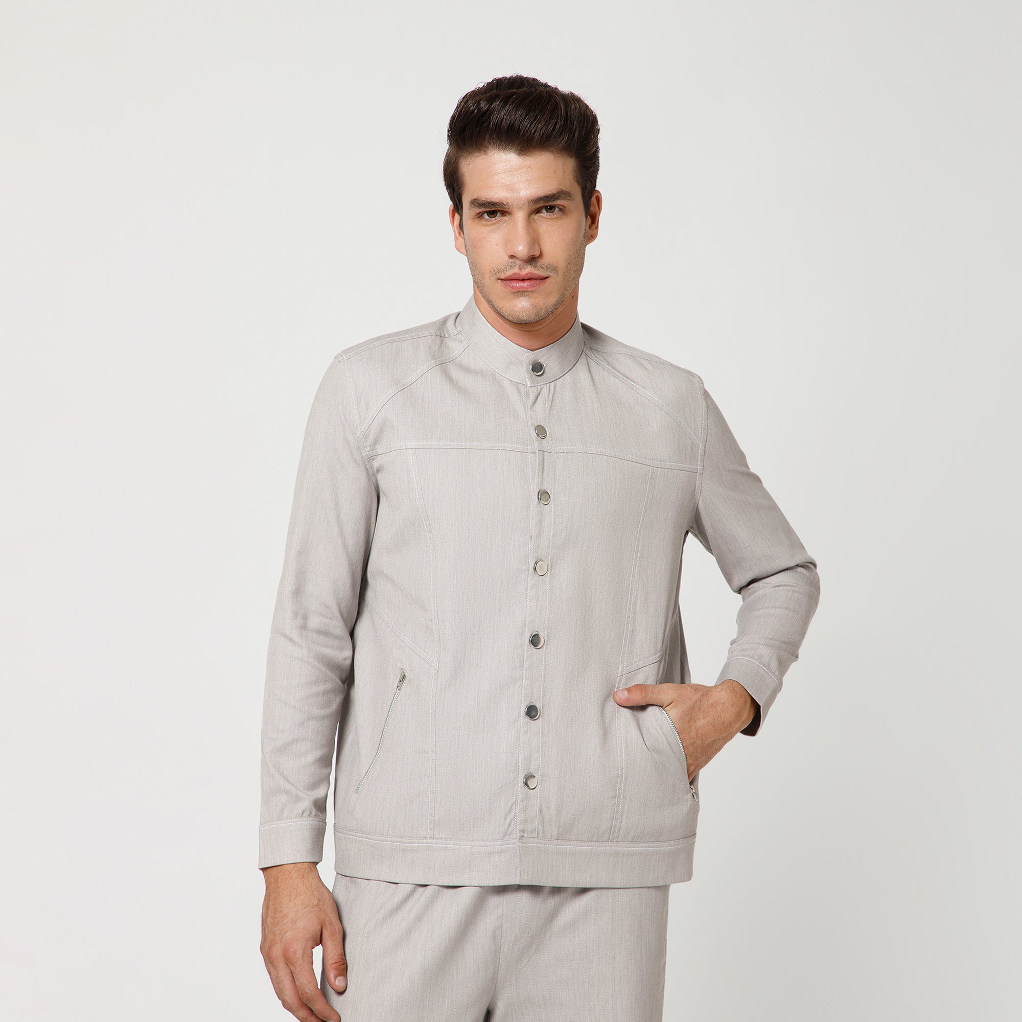 Grey Denim Jacket With Silver Zip