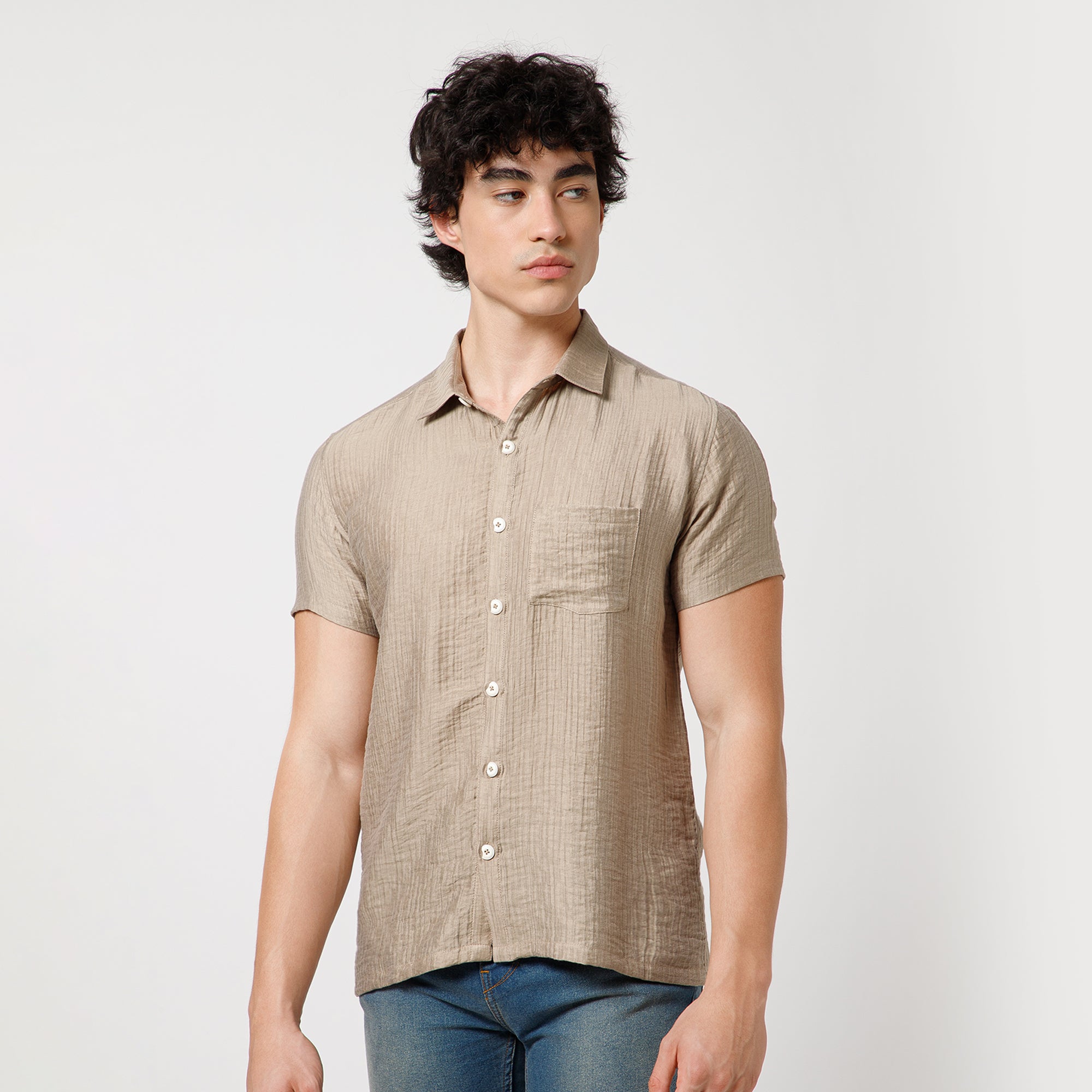 Beige Double Gauze Half Sleeves Shirt