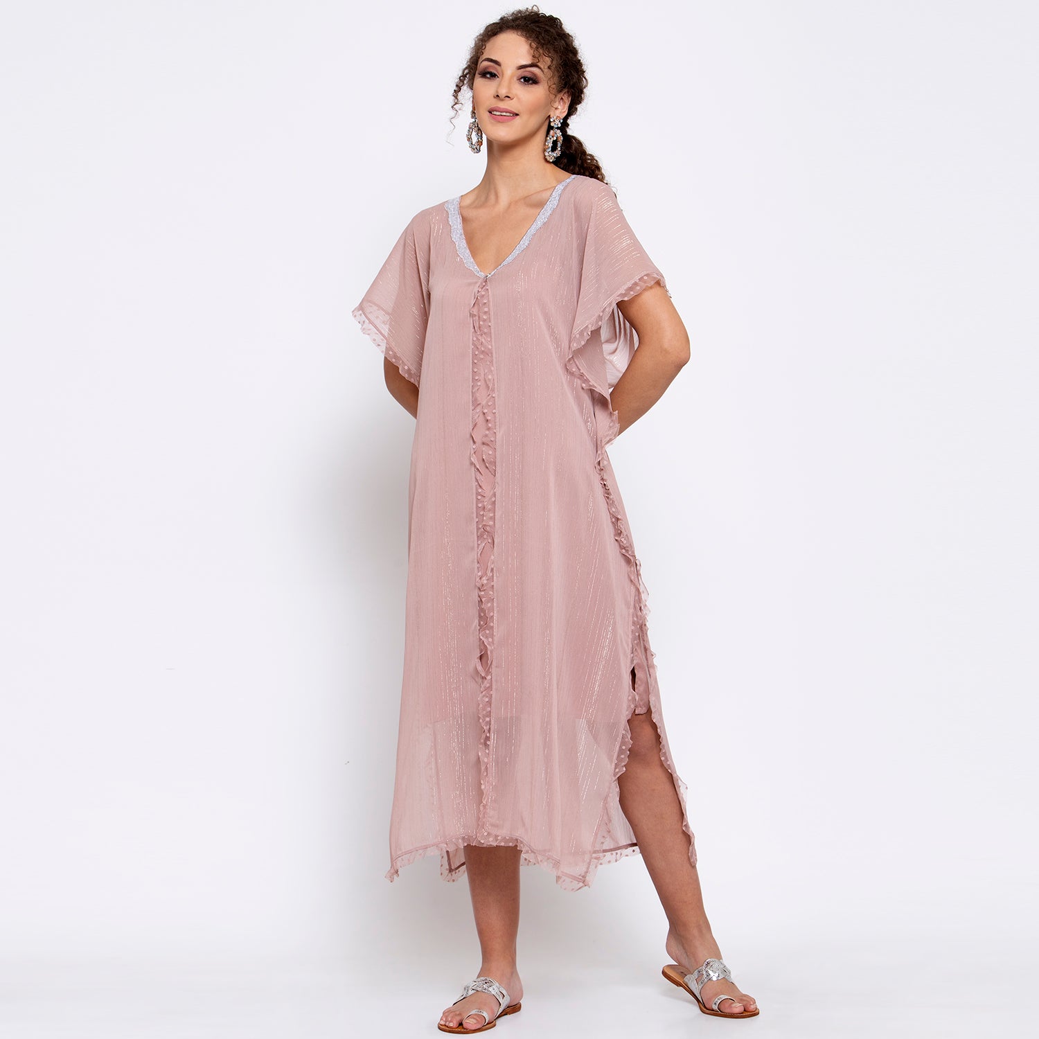 Pink Lurex Kaftan With Sequins Embroidery At Neck