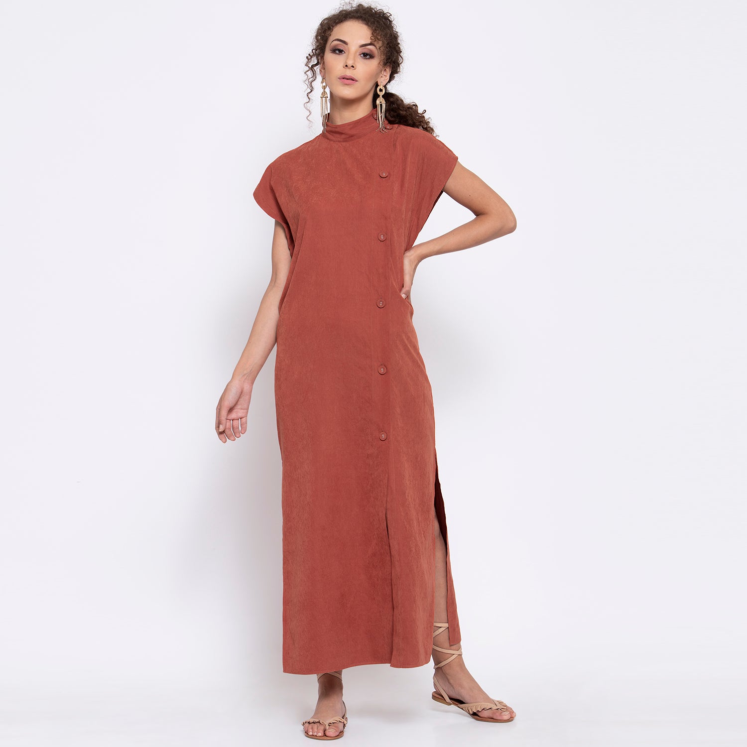 Deep Rust Long Dress With Buttons