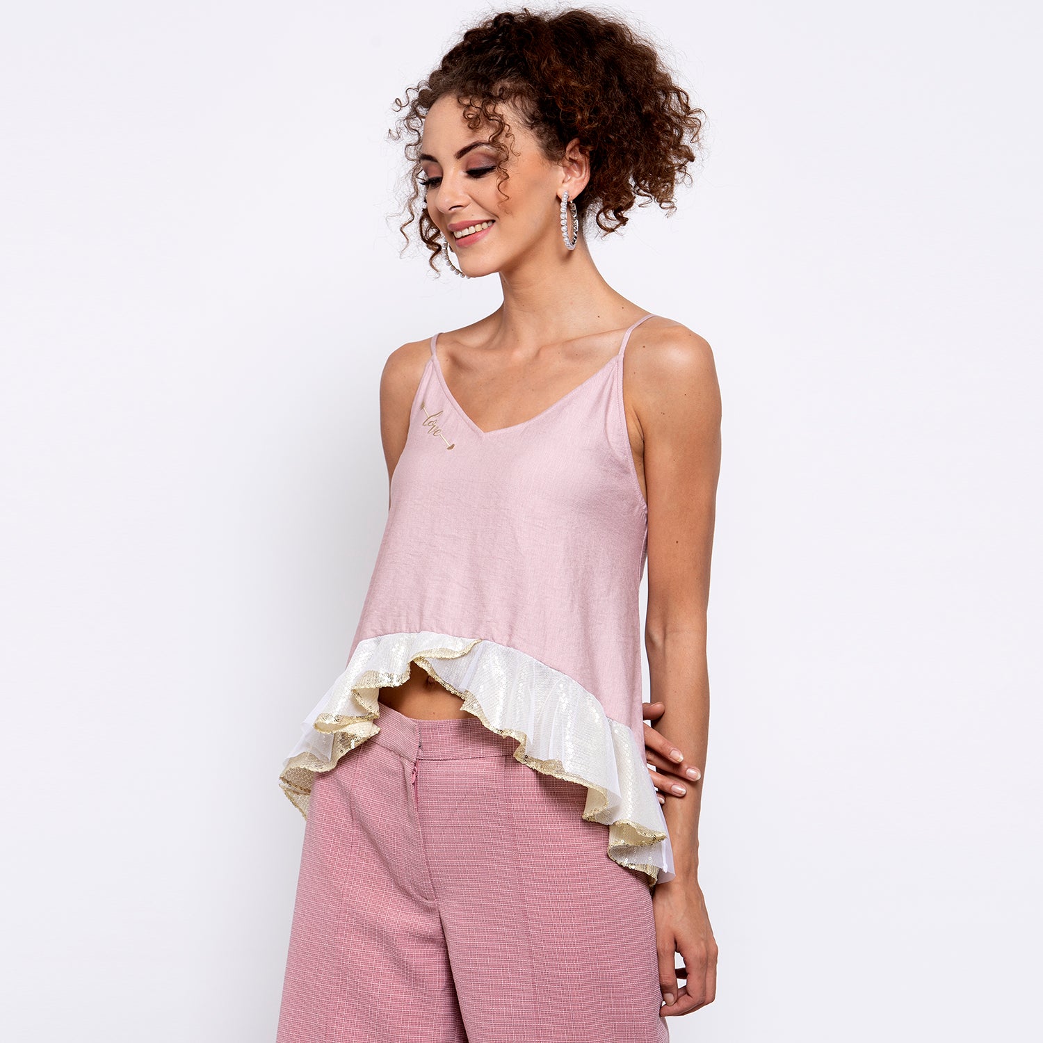 Pink Linen Top With Golden Sequins Frill & Embroidery At Neck