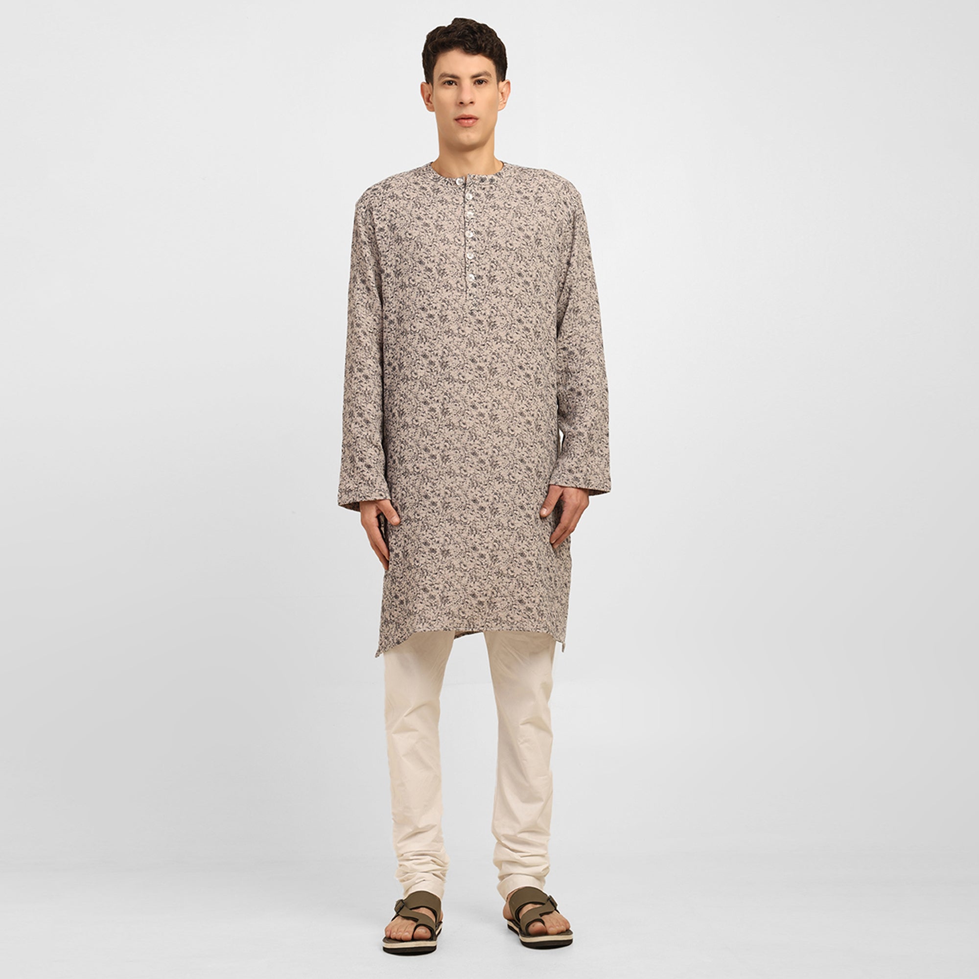 Grey Floral Double Gauze Kurta