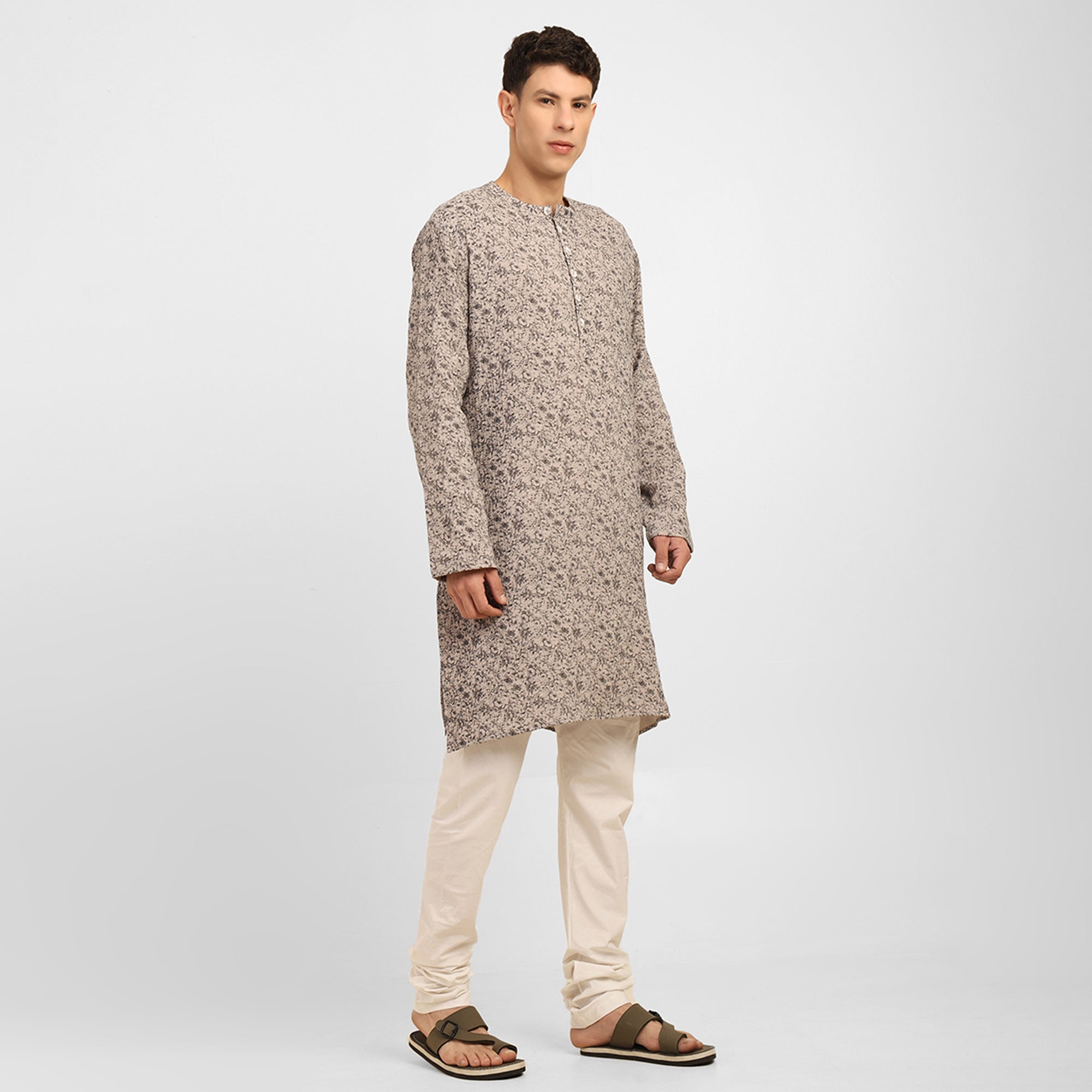Grey Floral Double Gauze Kurta