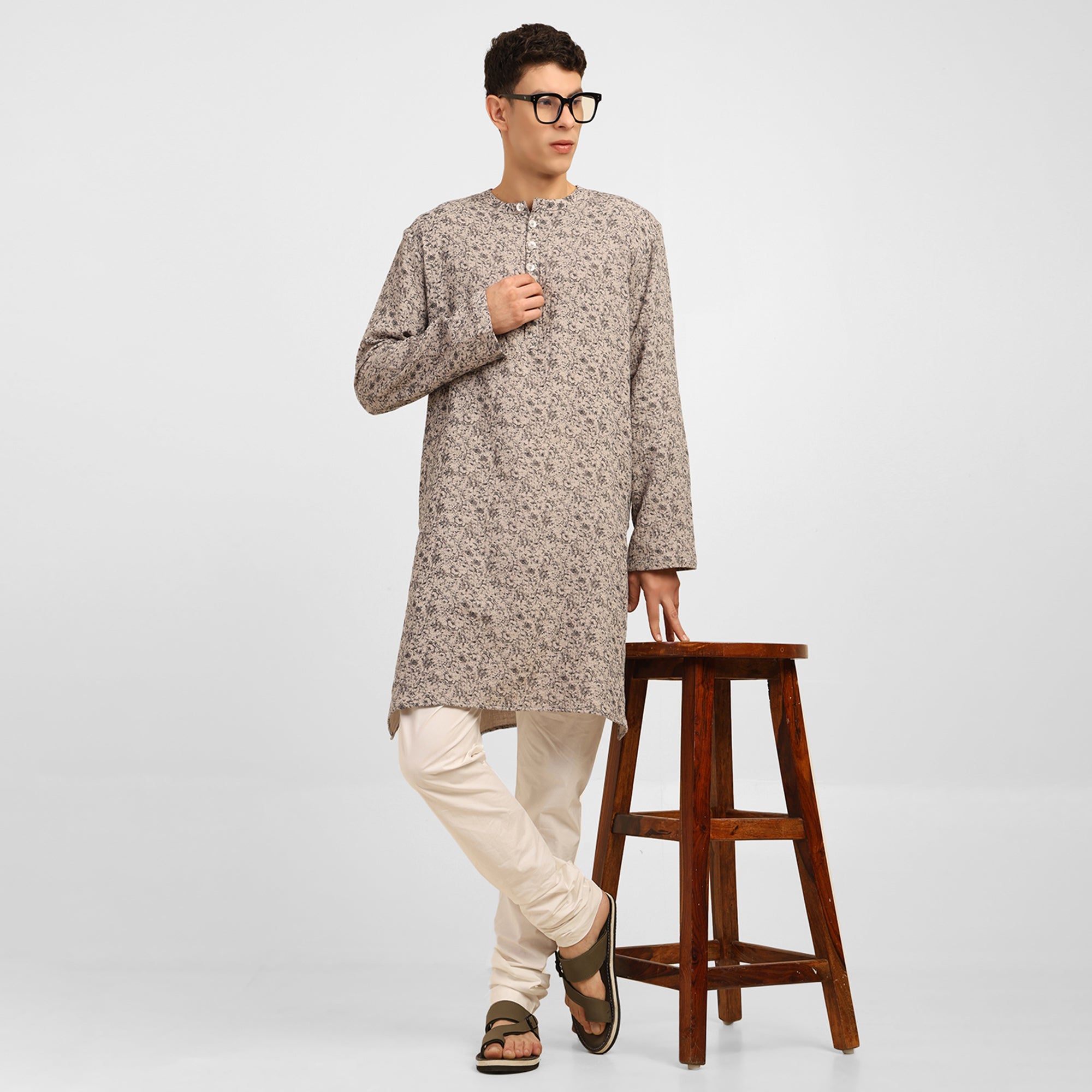 Grey Floral Double Gauze Kurta