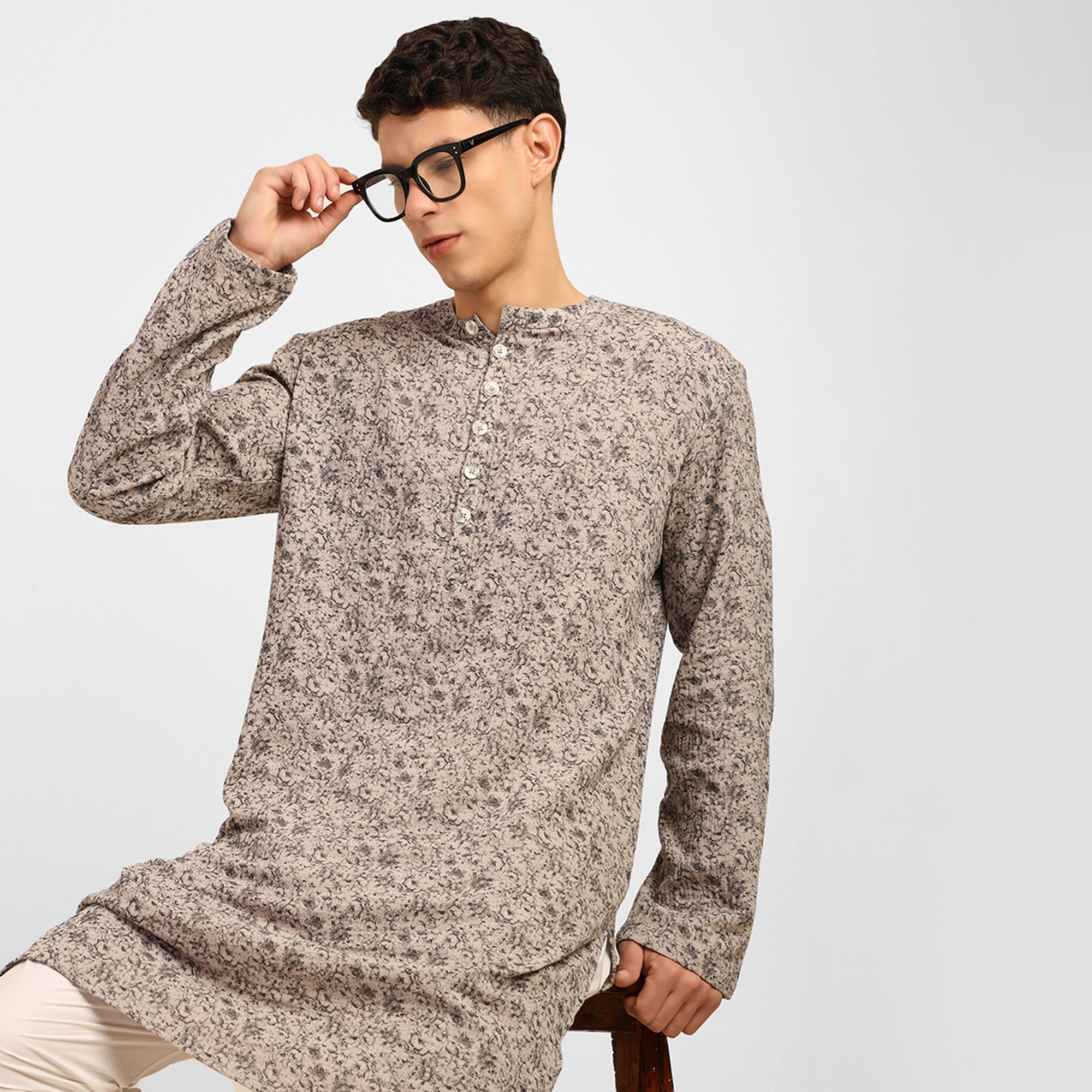 Grey Floral Double Gauze Kurta