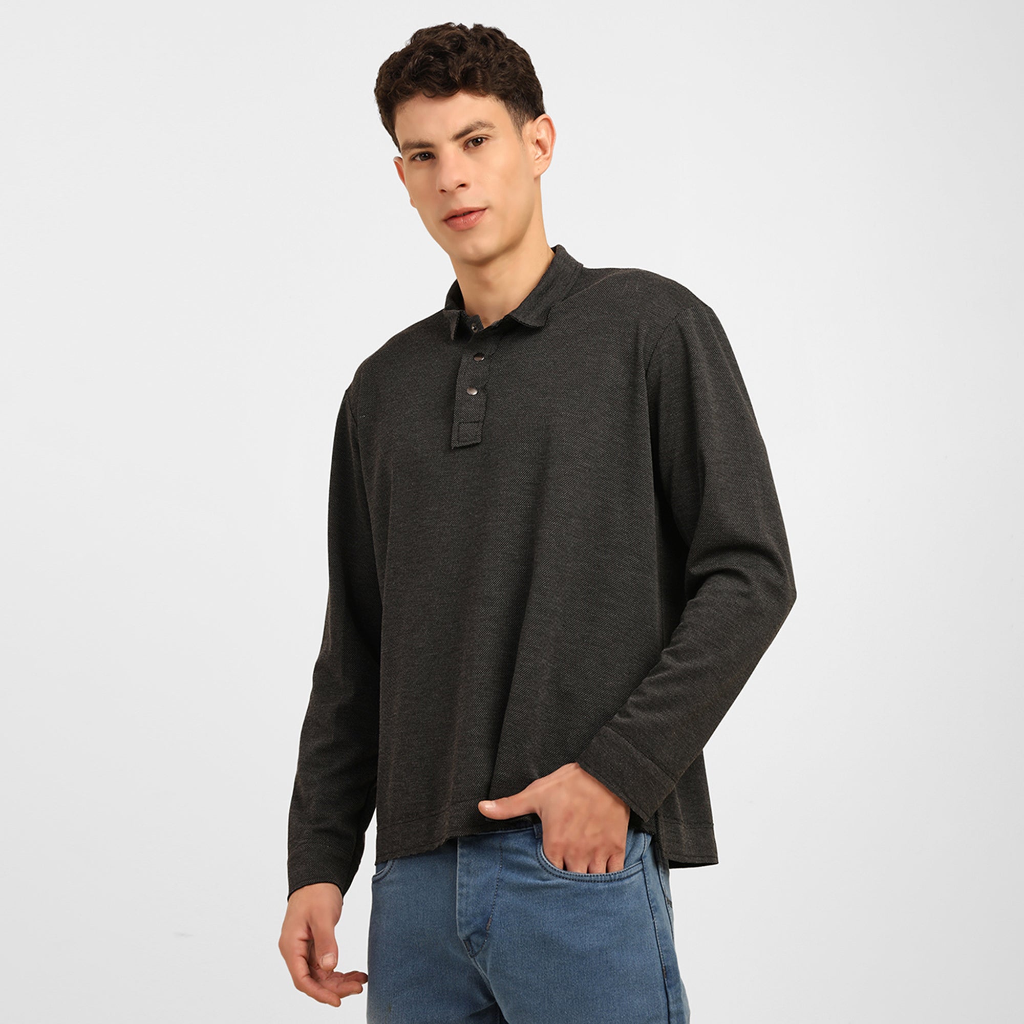 Dark Grey Knitted Collar T-Shirt