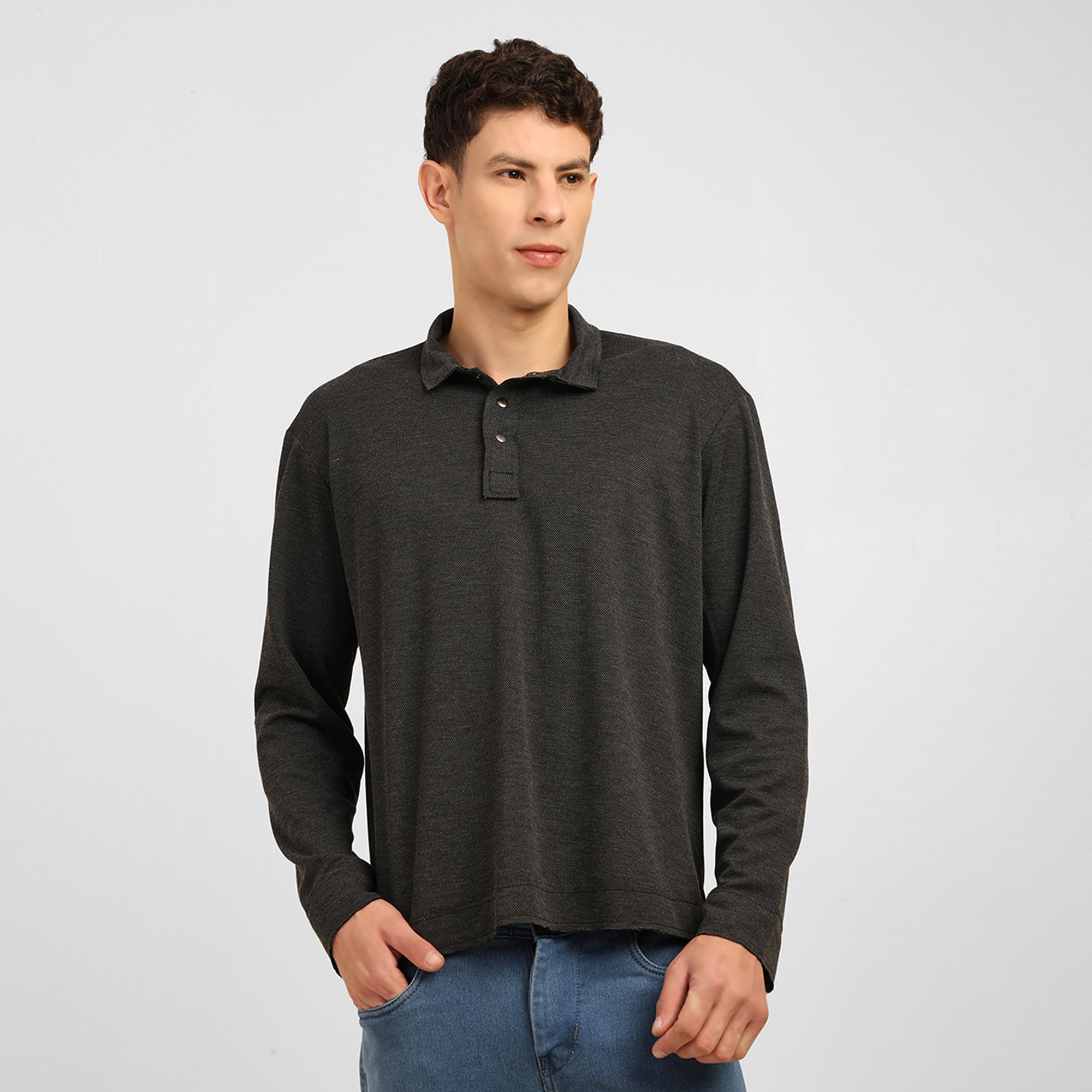 Dark Grey Knitted Collar T-Shirt