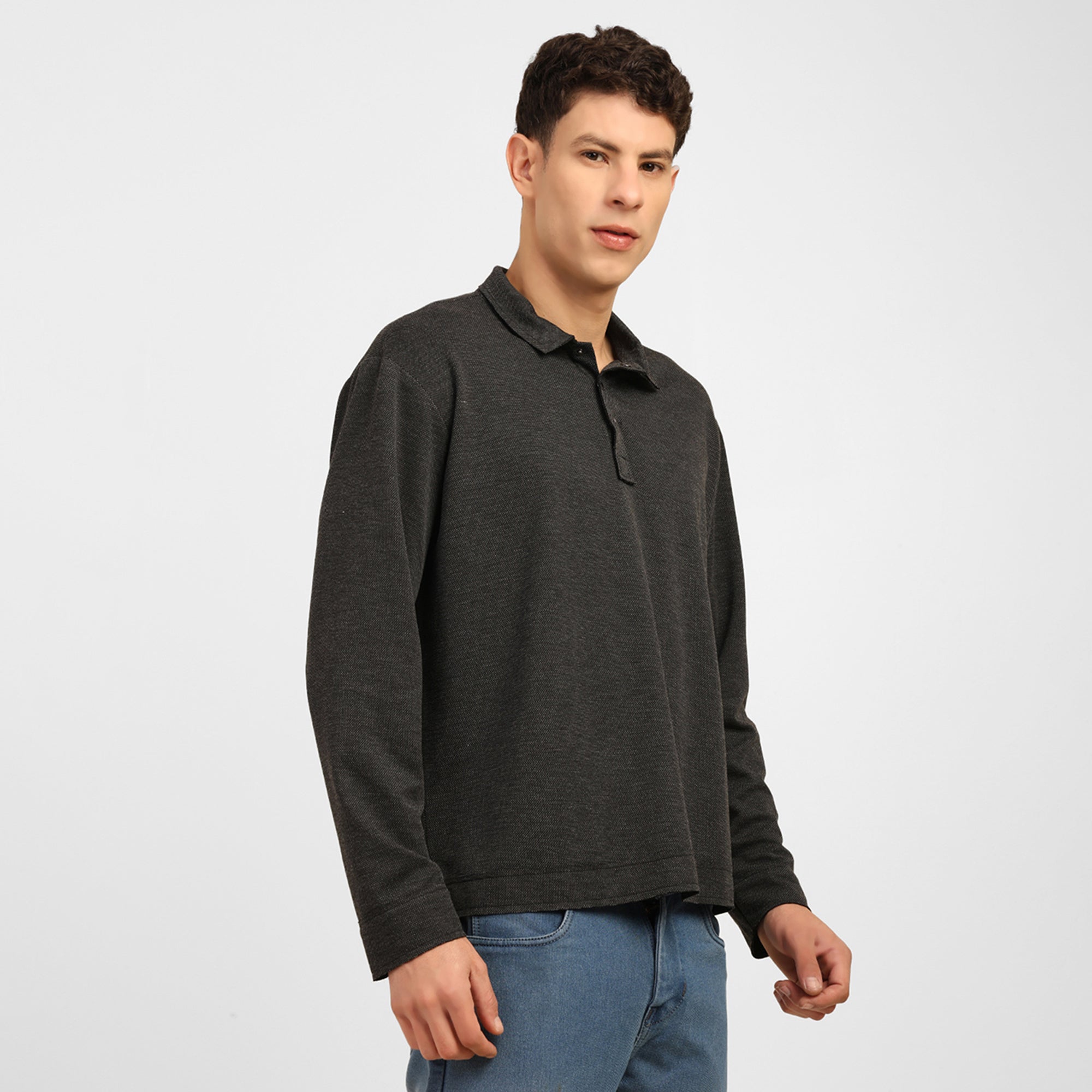 Dark Grey Knitted Collar T-Shirt