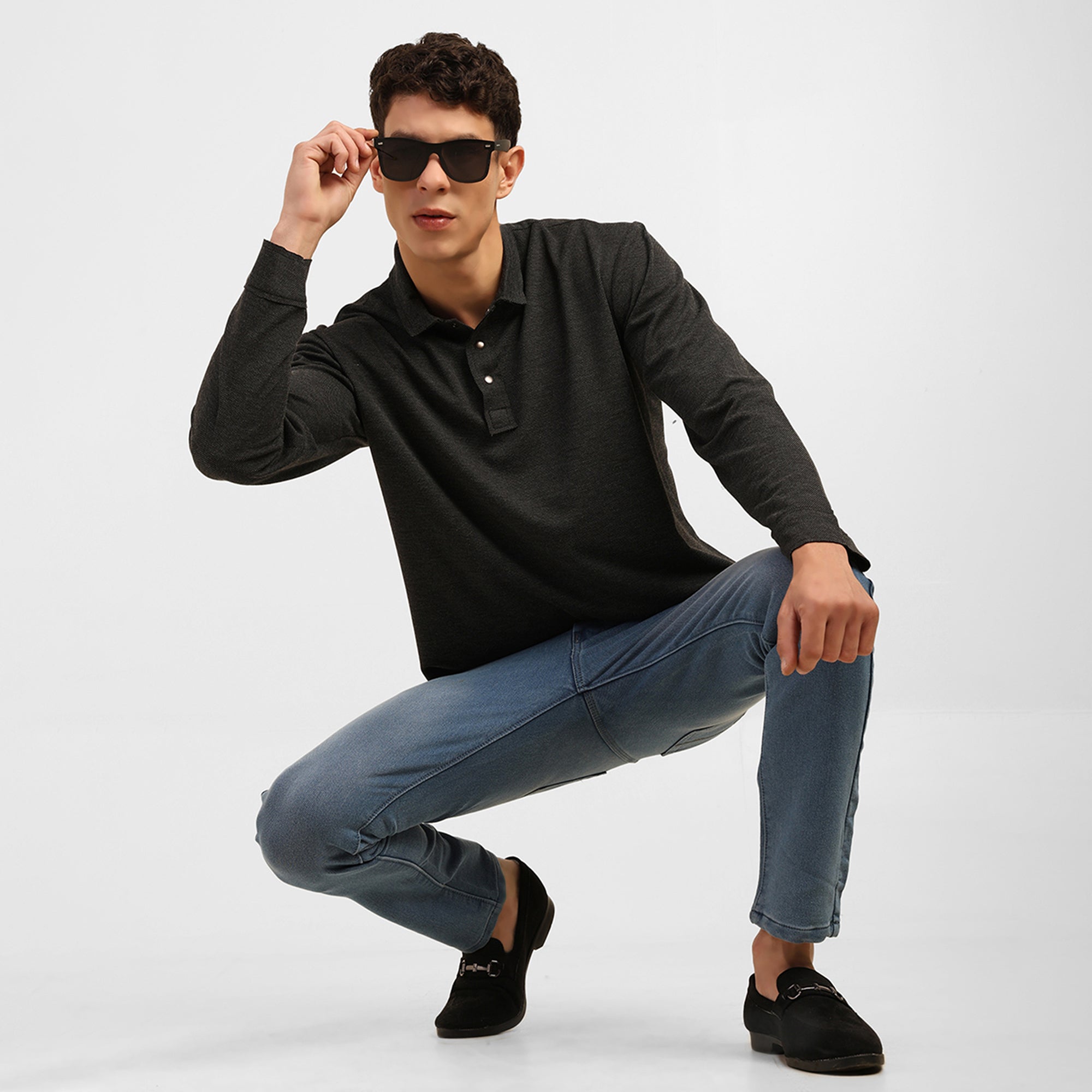 Dark Grey Knitted Collar T-Shirt